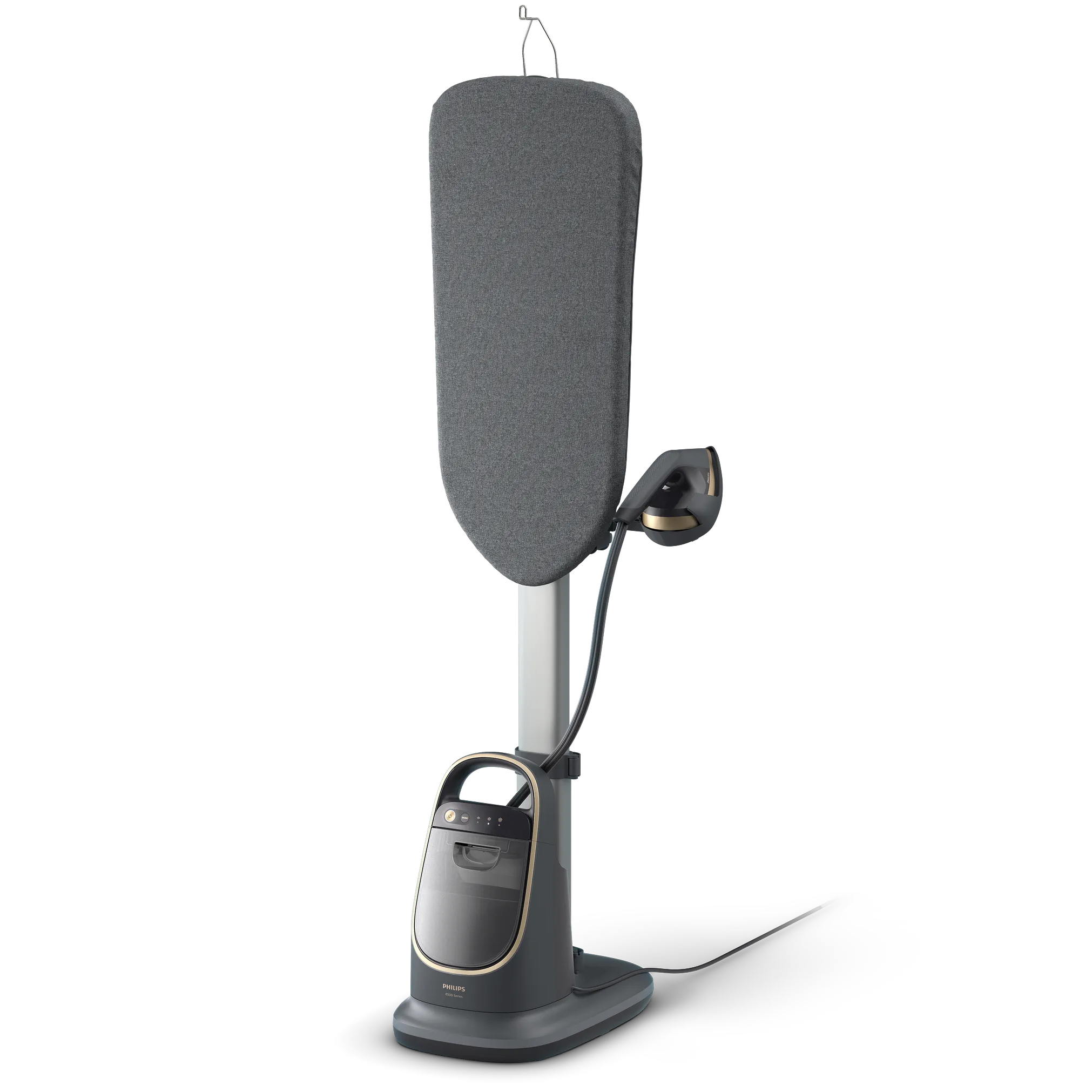 Parownica stojąca Philips AIS8540/80 w kolorze grafitowym ze złotymi wykończeniami na białym tle. System zawiera zintegrowaną deskę do prasowania w orientacji pionowej, bazę z panelem sterowania oraz żelazko parowe umieszczone w bocznym uchwycie.