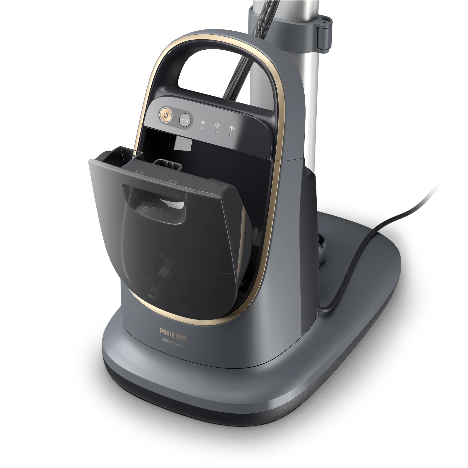 Zbliżenie na bazę urządzenia Philips AIS8540/80 z otwartym, odchylonym do przodu zbiornikiem na wodę. Widoczny jest górny panel sterowania ze złotym przyciskiem zasilania oraz diodami wyboru trybu pracy.