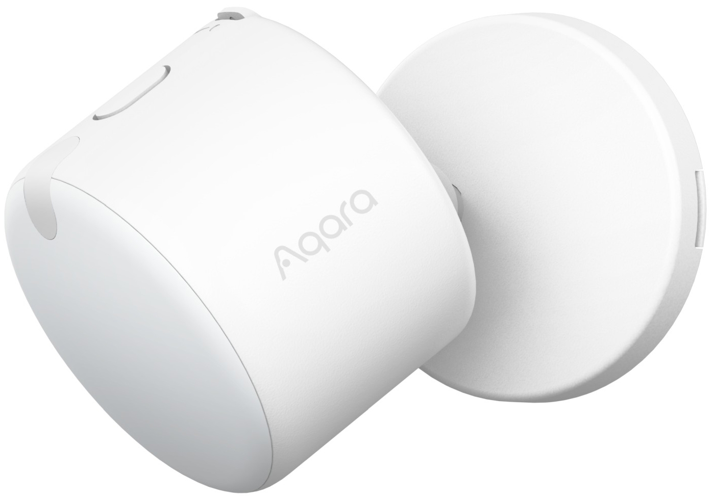 Biały czujnik obecności Aqara FP300 na okrągłej podstawie, widok z profilu pod kątem. Na matowej obudowie widoczny jest jasnoszary napis Aqara oraz przycisk sterujący na górnej krawędzi. Urządzenie jest pochylone na regulowanym uchwycie.