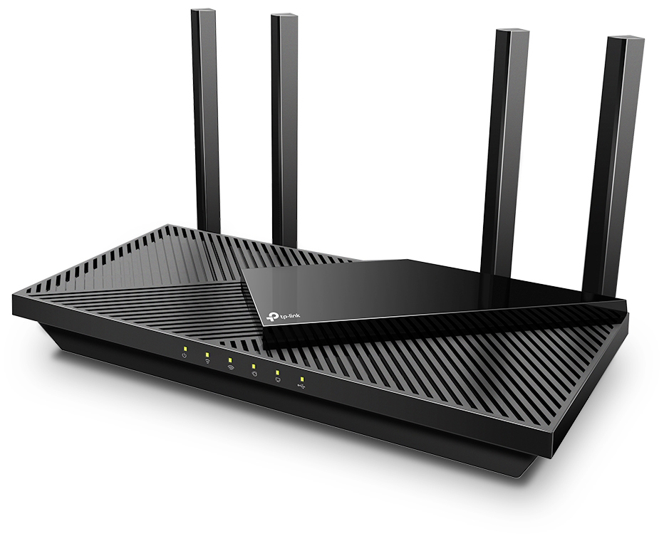 Router TP-Link Archer AX55 widoczny pod kątem, z czterema pionowymi antenami. Górna powierzchnia łączy matowe żebrowanie z błyszczącym panelem dekoracyjnym. Na przedniej krawędzi widoczny rząd sześciu świecących żółtych diod statusu.