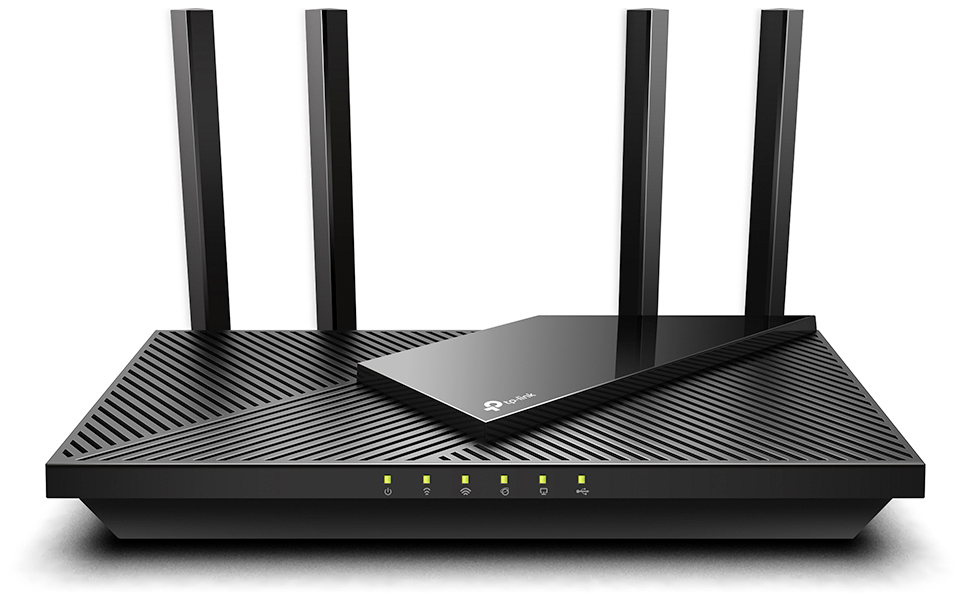 Router TP-Link Archer AX55 widoczny od frontu na białym tle. Czarna obudowa z geometrycznym żebrowaniem i czterema antenami. Na dole urządzenia widać rząd sześciu świecących żółtych diod statusu.