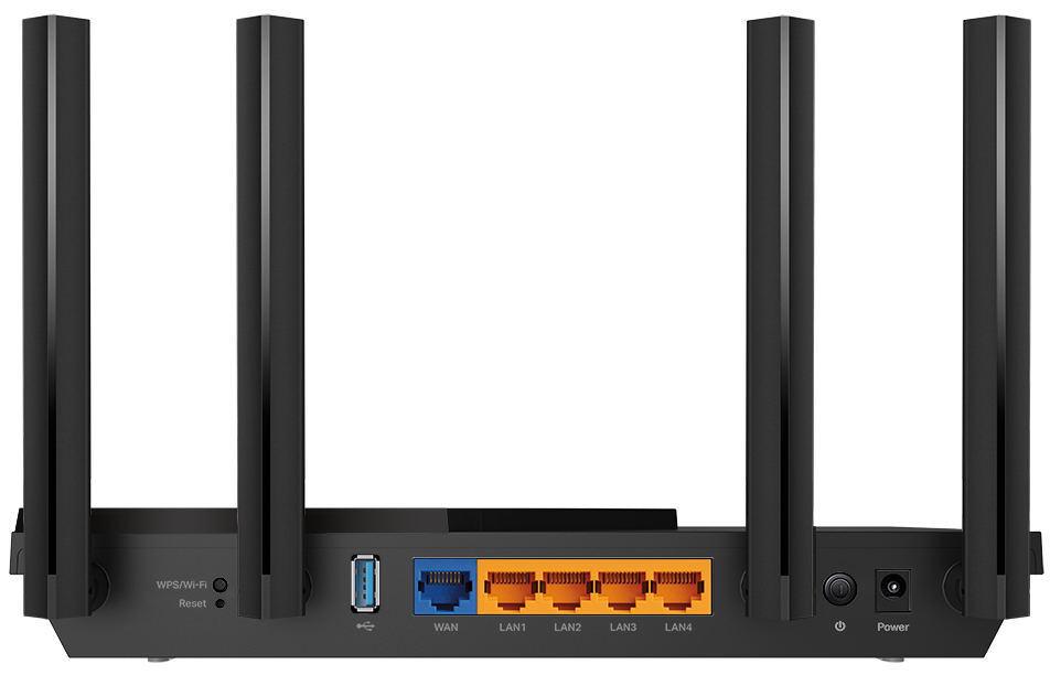 Panel tylny routera TP-Link Archer AX55 z czterema antenami. Widoczne porty: USB, WAN (niebieski), cztery porty LAN (pomarańczowe), przycisk zasilania oraz gniazdo zasilacza. Po lewej stronie znajdują się przycisk WPS i otwór resetowania.