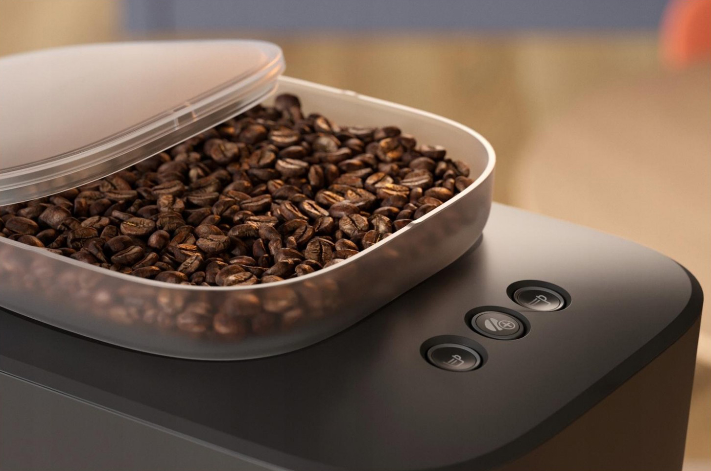 Zbliżenie na górny panel ekspresu Philips Baristina, ukazujące pojemnik na ziarna kawy. Obok pojemnika widoczne są trzy przyciski.