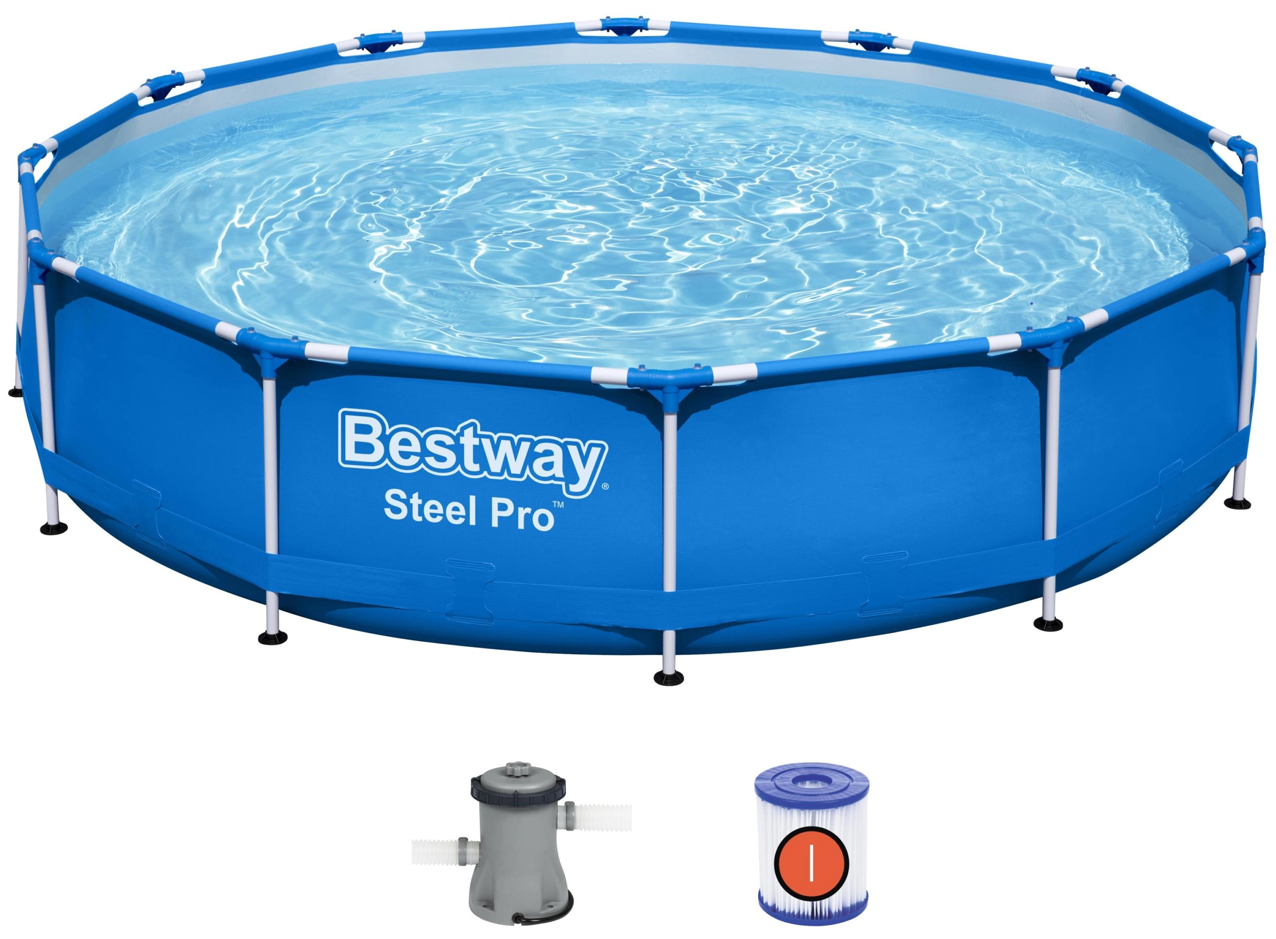 Okrągły niebieski basen stelażowy Bestway Steel Pro o wymiarach 366 na 76 cm. Na białym tle widoczny jest basen wypełniony wodą oraz dołączone do zestawu akcesoria: pompa filtrująca i wkład filtrujący typu I. Basen posiada biały metalowy stelaż.