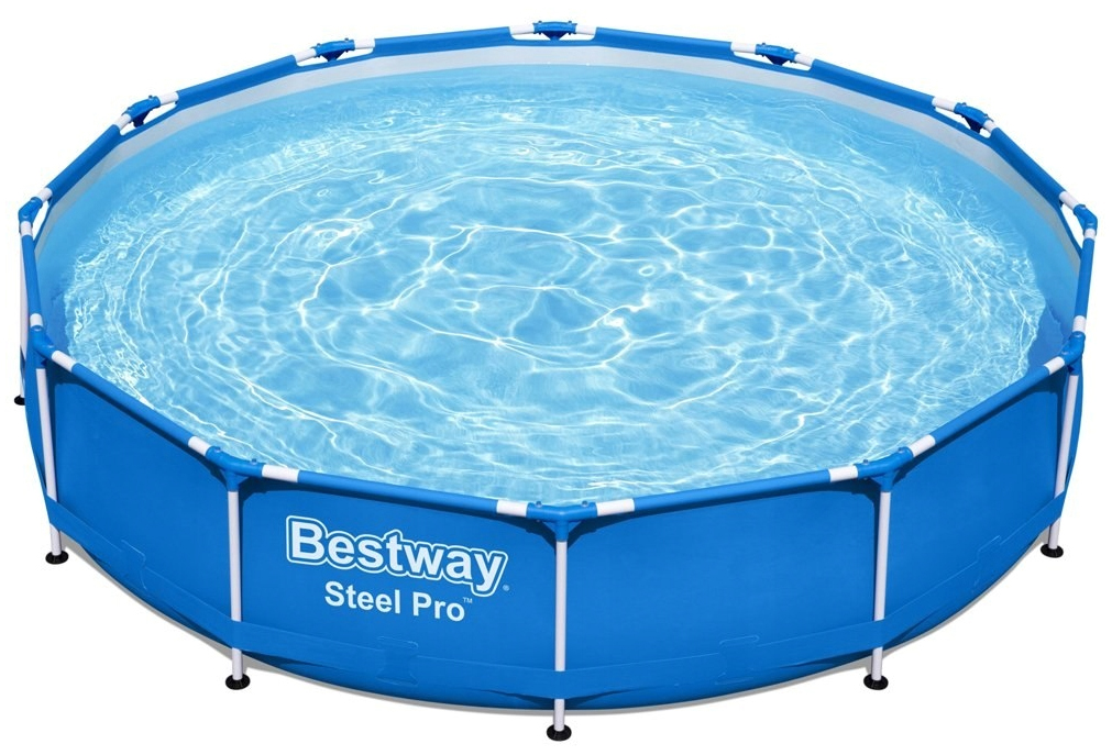 Okrągły basen stelażowy Bestway Steel Pro w kolorze niebieskim, wypełniony wodą. Widoczny biały stelaż oraz logo producenta na bocznej ścianie. Produkt zaprezentowany na czystym, białym tle.