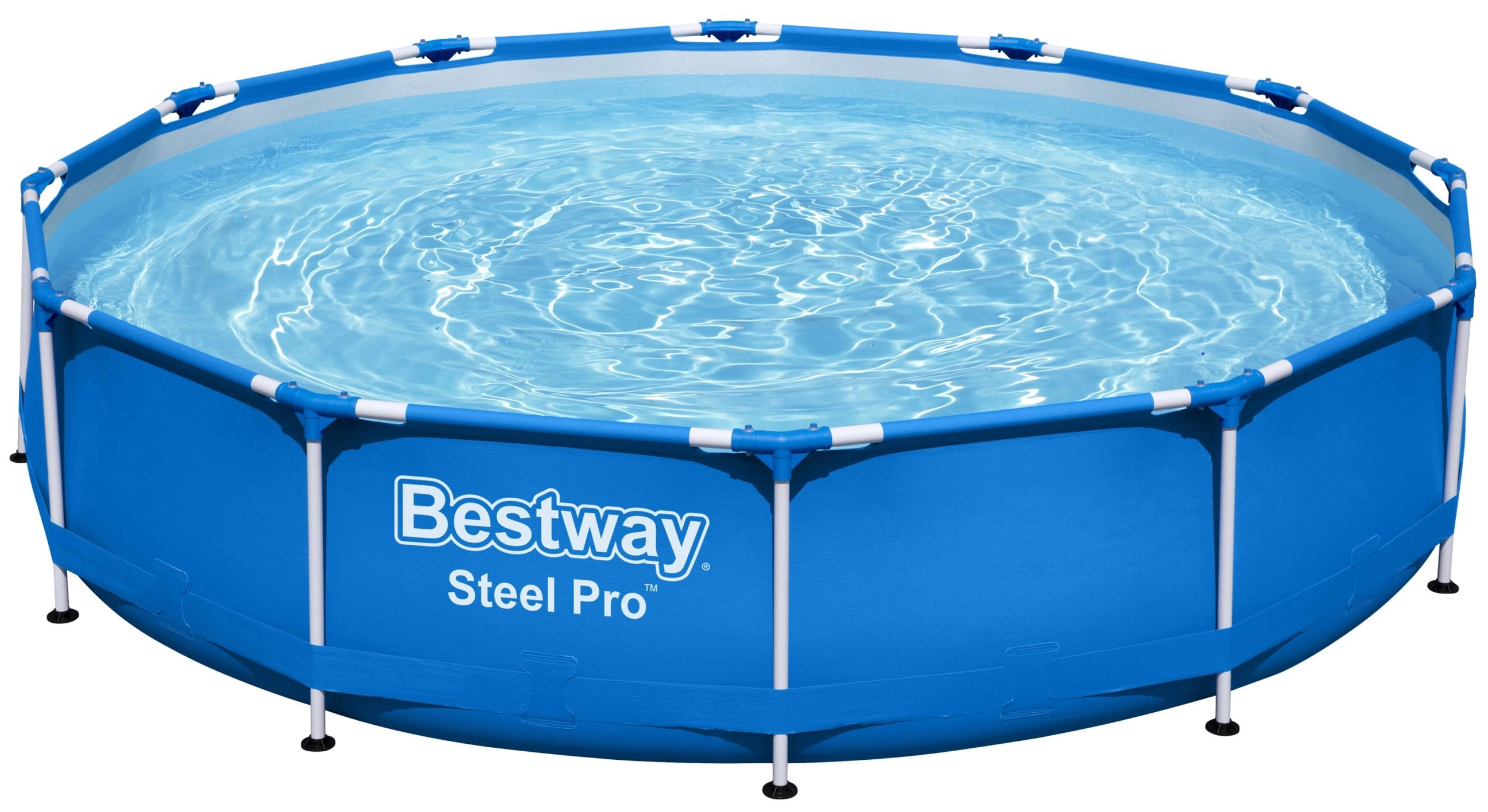 Okrągły niebieski basen stelażowy Bestway Steel Pro o wymiarach 366 na 76 cm. Na białym tle widoczny jest basen wypełniony wodą. Basen posiada biały metalowy stelaż.