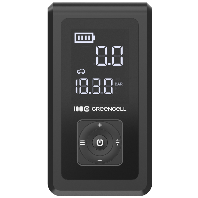 Zbliżenie na przedni panel urządzenia Green Cell PowerBoost Air 3w1. Widok na wprost prezentuje aktywny wyświetlacz z ikonami stanu baterii i ciśnienia 10.30 BAR oraz okrągły panel przycisków sterujących. Całość zamknięta w eleganckiej, czarnej obudowie z wyraźnym logo marki.