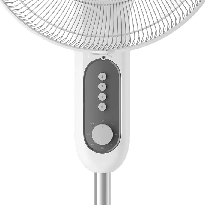 Zbliżenie na panel sterowania wentylatora Philips Seria 1000 CX1220/00. Widoczne są cztery przyciski wyboru prędkości nawiewu oraz pokrętło timera z podziałką czasową, umieszczone na ciemnoszarym tle w białej obudowie urządzenia.