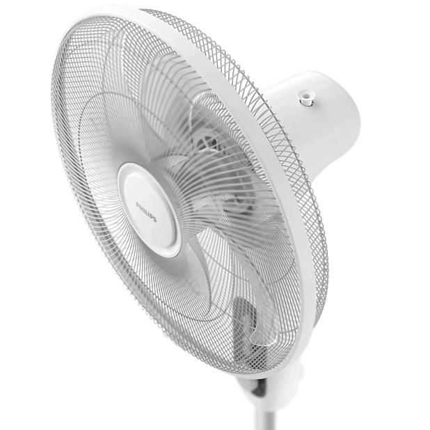 Zbliżenie na głowicę wentylatora stojącego Philips Seria 1000 CX1220/00 w kolorze białym. Widoczna jest metalowa kratka ochronna, logo marki w centrum oraz gładka obudowa silnika z mechanizmem regulacji, wszystko na białym tle.