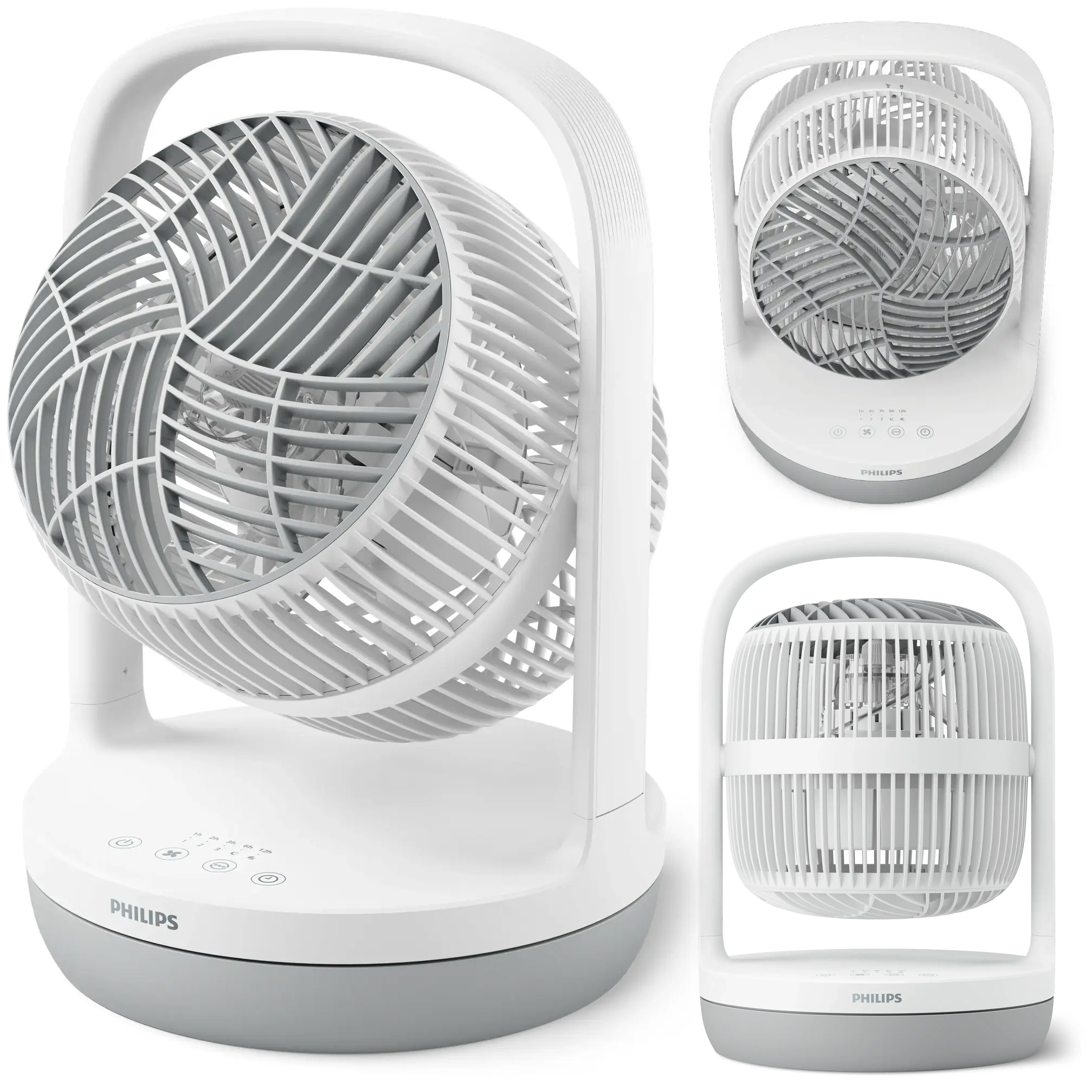 Biały wentylator biurkowy Philips Seria 2000 CX2050/00 z szarą podstawą, prezentowany w trzech ujęciach na białym tle. Urządzenie posiada nowoczesną głowicę z uchwytem oraz dotykowy panel sterowania z logo producenta umieszczony na płaskiej bazie.