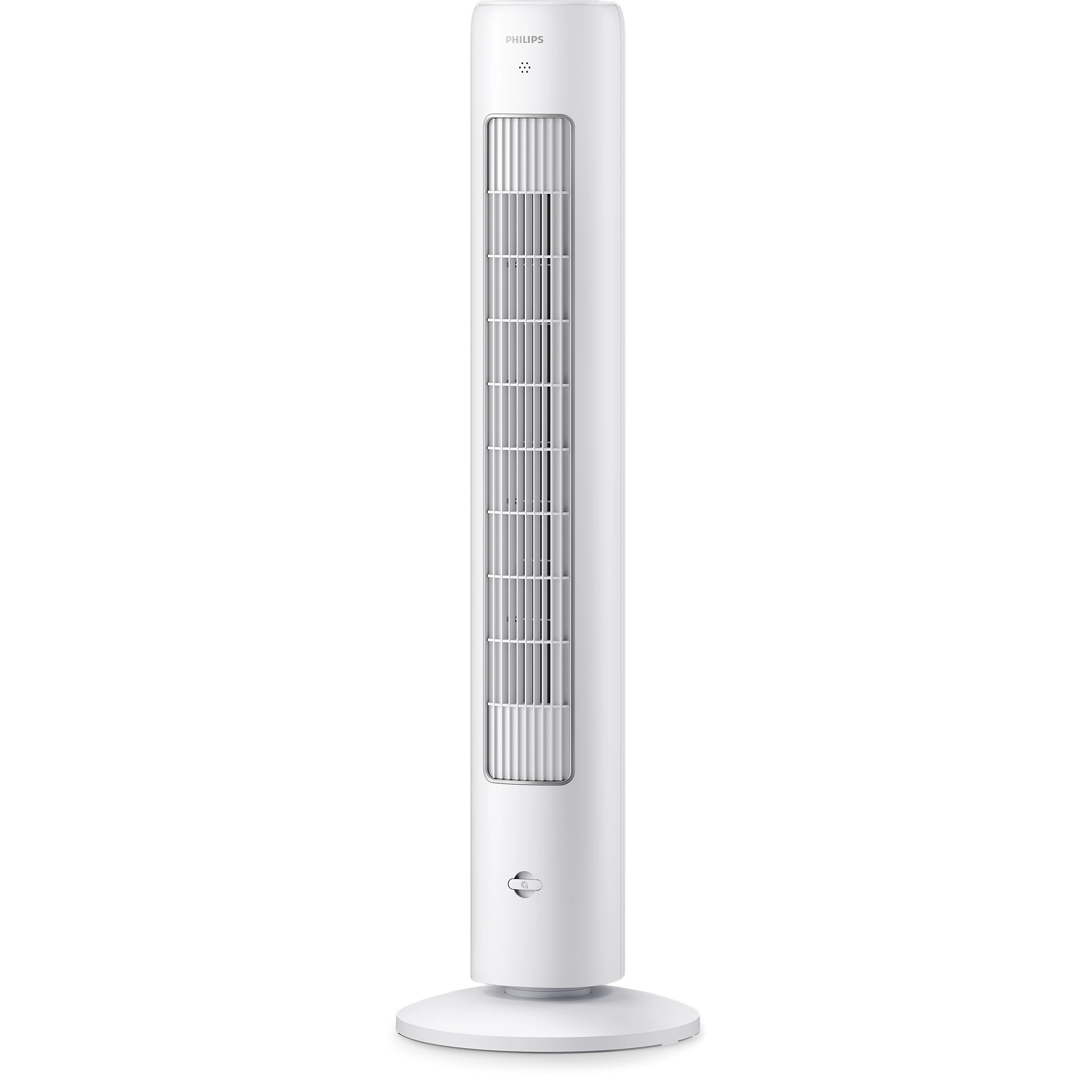 Biały wentylator kolumnowy Philips CX5535/00 z prostokątnym wylotem powietrza, okrągłym przyciskiem i płaską podstawą.