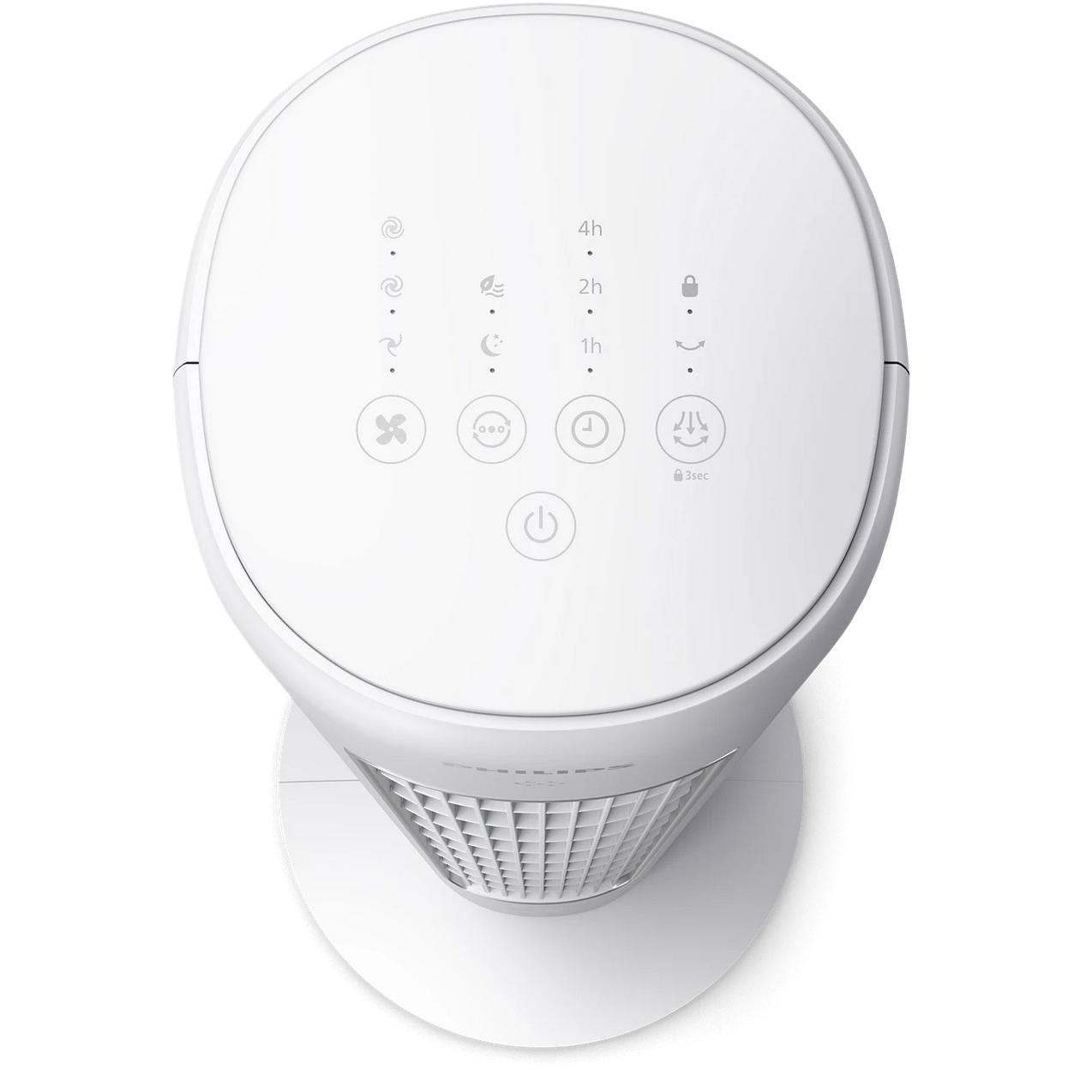 Widok z góry na okrągły panel sterowania wentylatora Philips CX5535/00 z dotykowymi ikonami trybów, timera, aromaterapii i blokady rodzicielskiej.