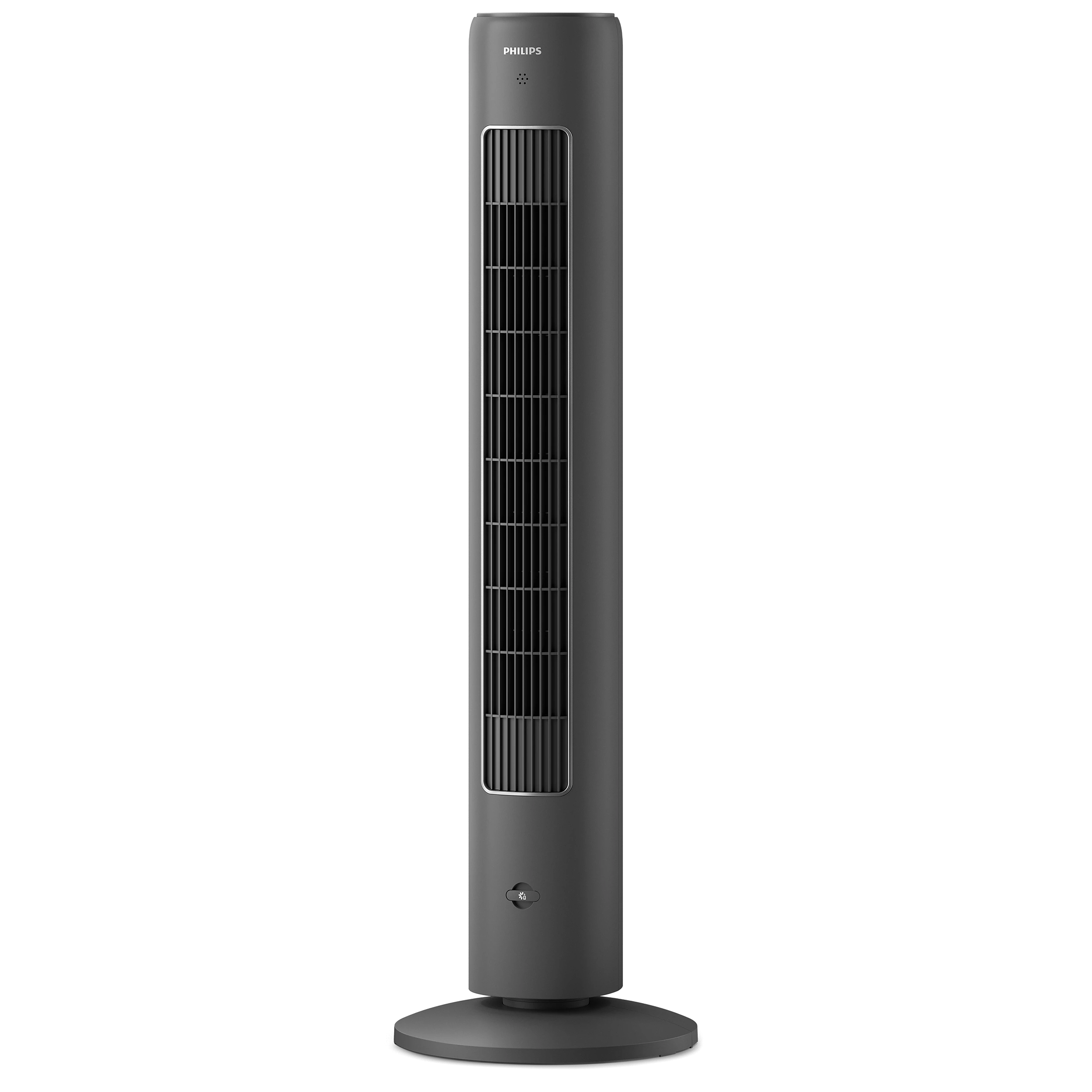 Czarny wentylator kolumnowy Philips CX5535/11 z prostokątnym wylotem powietrza, okrągłym przyciskiem i płaską podstawą.