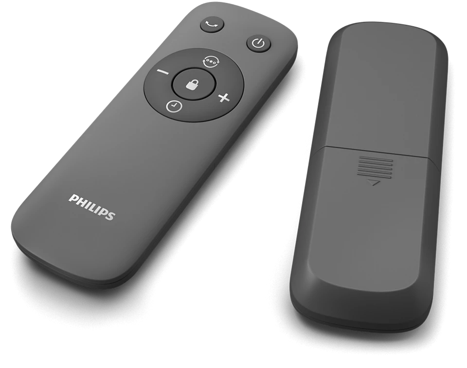 Dwa ciemnoszare piloty do wentylatora Philips CX5535/11, jeden z przyciskami sterującymi, drugi odwrócony tyłem.