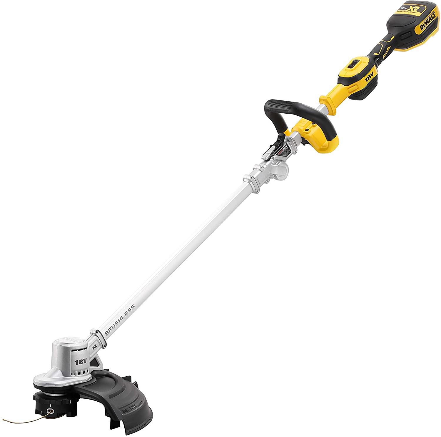 Żółto-czarna podkaszarka akumulatorowa żyłkowa 18V DeWalt DCMST561N, z długim białym drążkiem i czarną głowicą.