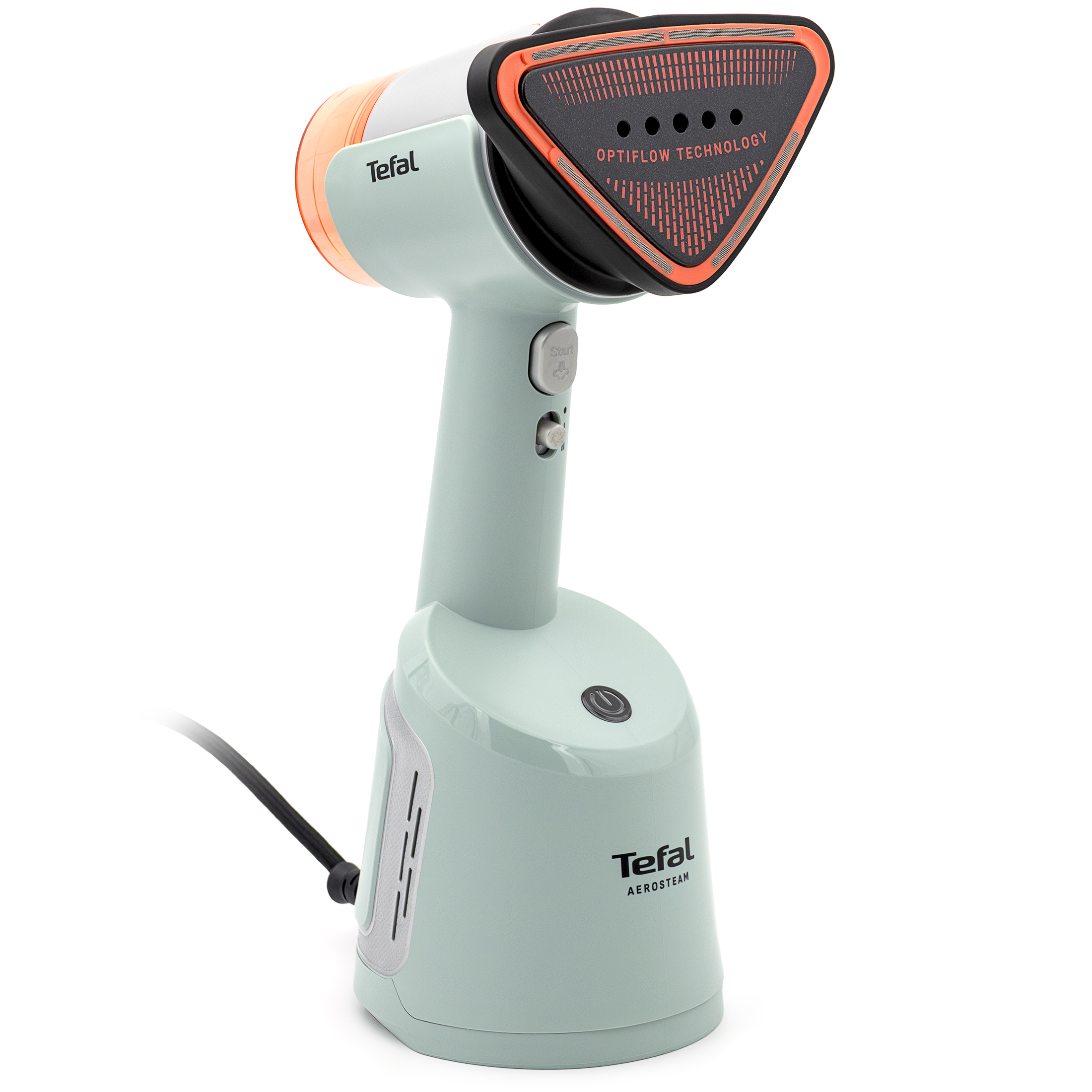 Jasnomiętowa parownica Tefal AeroSteam DT9814 OptiFlow ujęta z prawego boku na białym tle. Widoczna jest trójkątna głowica parowa Optiflow z pomarańczową obramówką, szary przycisk Start na uchwycie oraz baza z czarnym przyciskiem zasilania i kablem zasilającym.