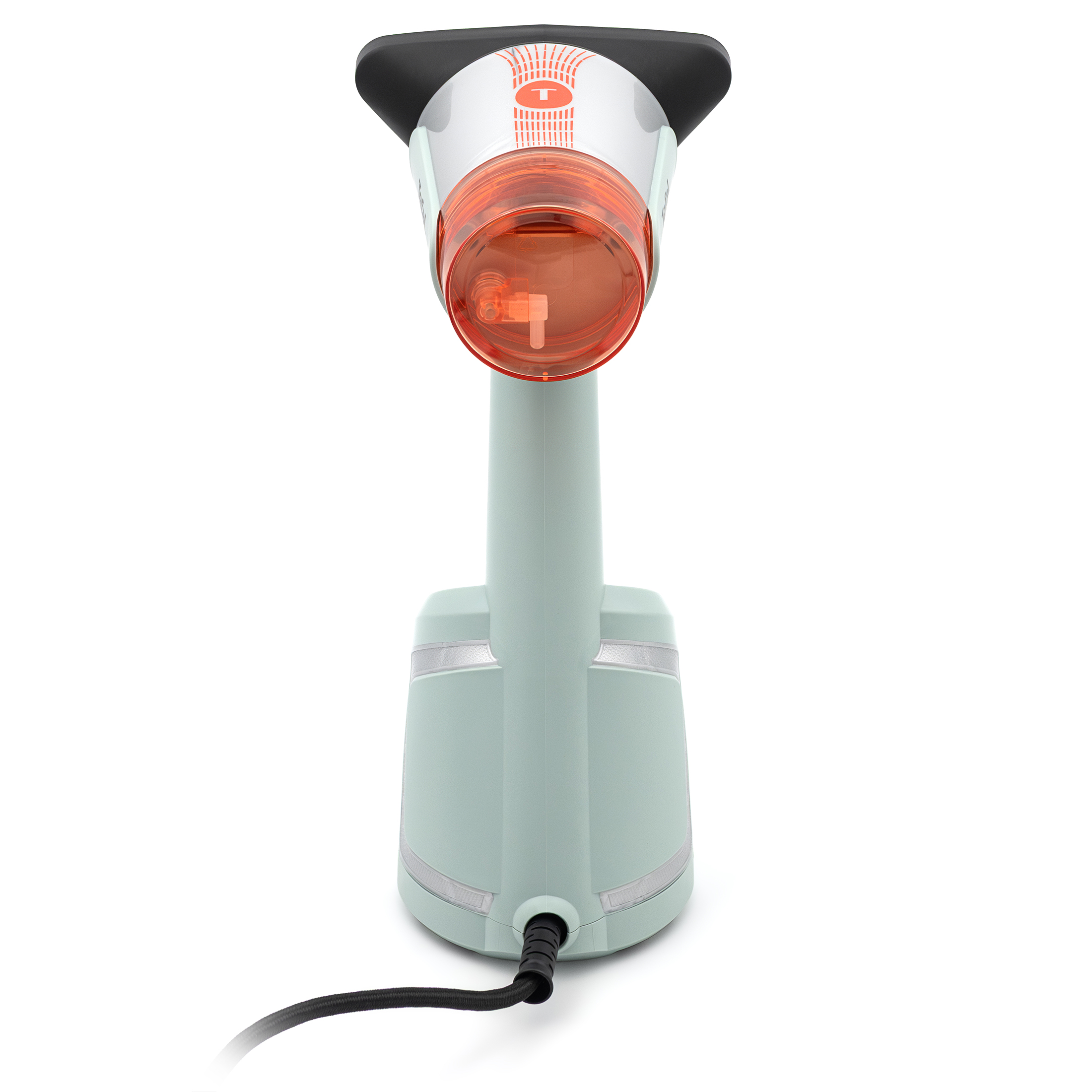 Jasnomiętowa parownica Tefal AeroSteam DT9814 OptiFlow, widok bezpośrednio od tyłu na białym tle. Widoczny pomarańczowy pojemnik na wodę z logo T na górze głowicy, gładka rączka oraz podstawa z podłączonym czarnym kablem.