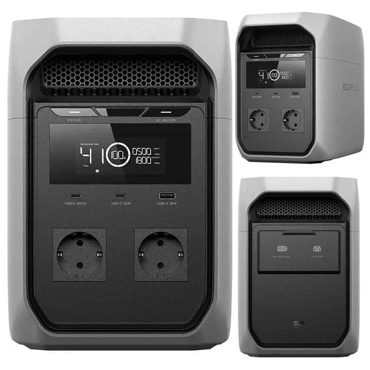 Zestaw trzech ujęć stacji EcoFlow Delta 3 Classic na białym tle. Główny widok prezentuje przedni panel z wyświetlaczem LCD, portami USB i gniazdami AC. Mniejsze zdjęcia ukazują urządzenie z perspektywy bocznej oraz tył z zakrytymi portami wejściowymi.