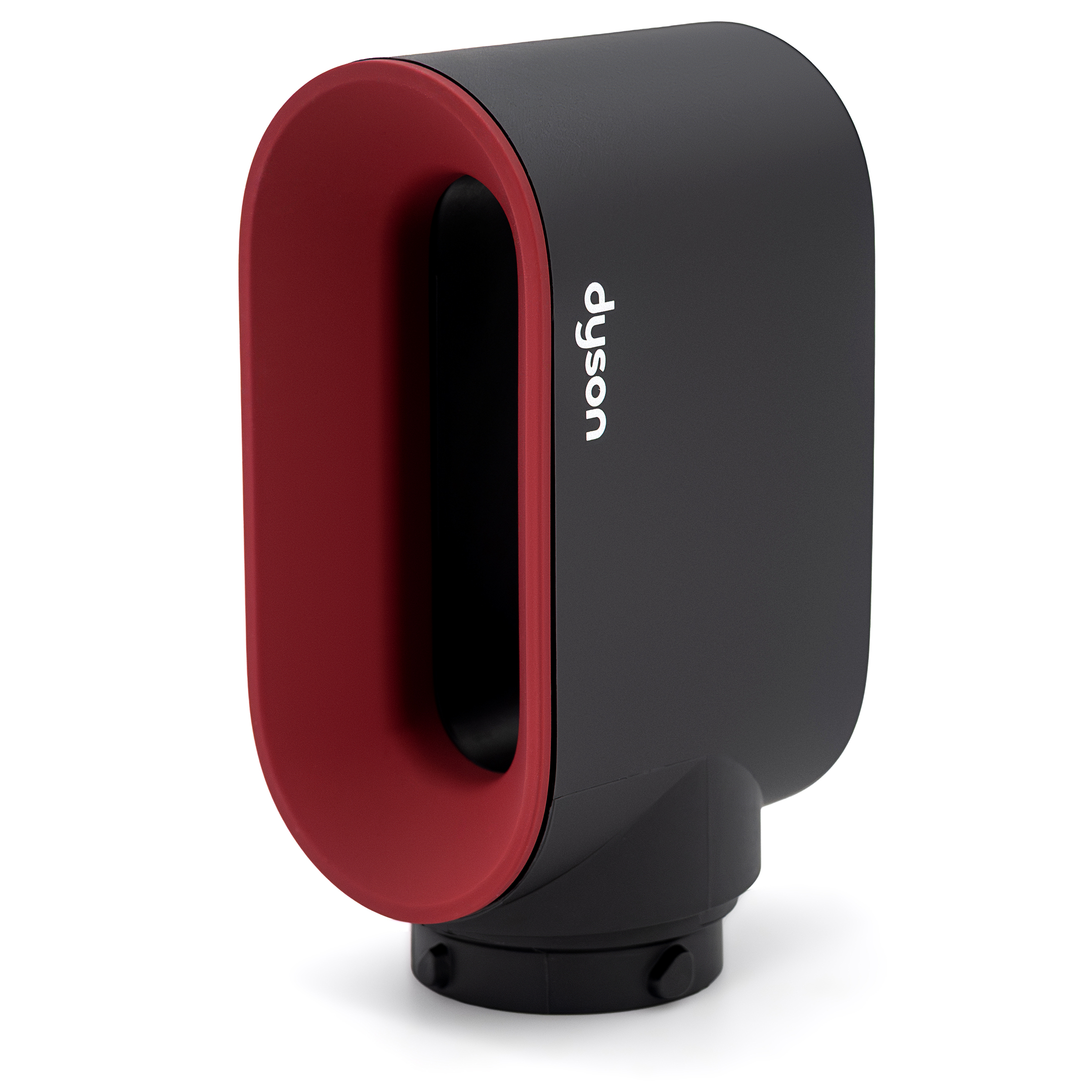 Końcówka do szybkiego podsuszania Dyson Airwrap w kolorze czarnym z czerwonym wylotem powietrza. Widoczny biały napis dyson na boku oraz zaczepy mocujące w podstawie. Produkt zaprezentowany na jednolitym białym tle.