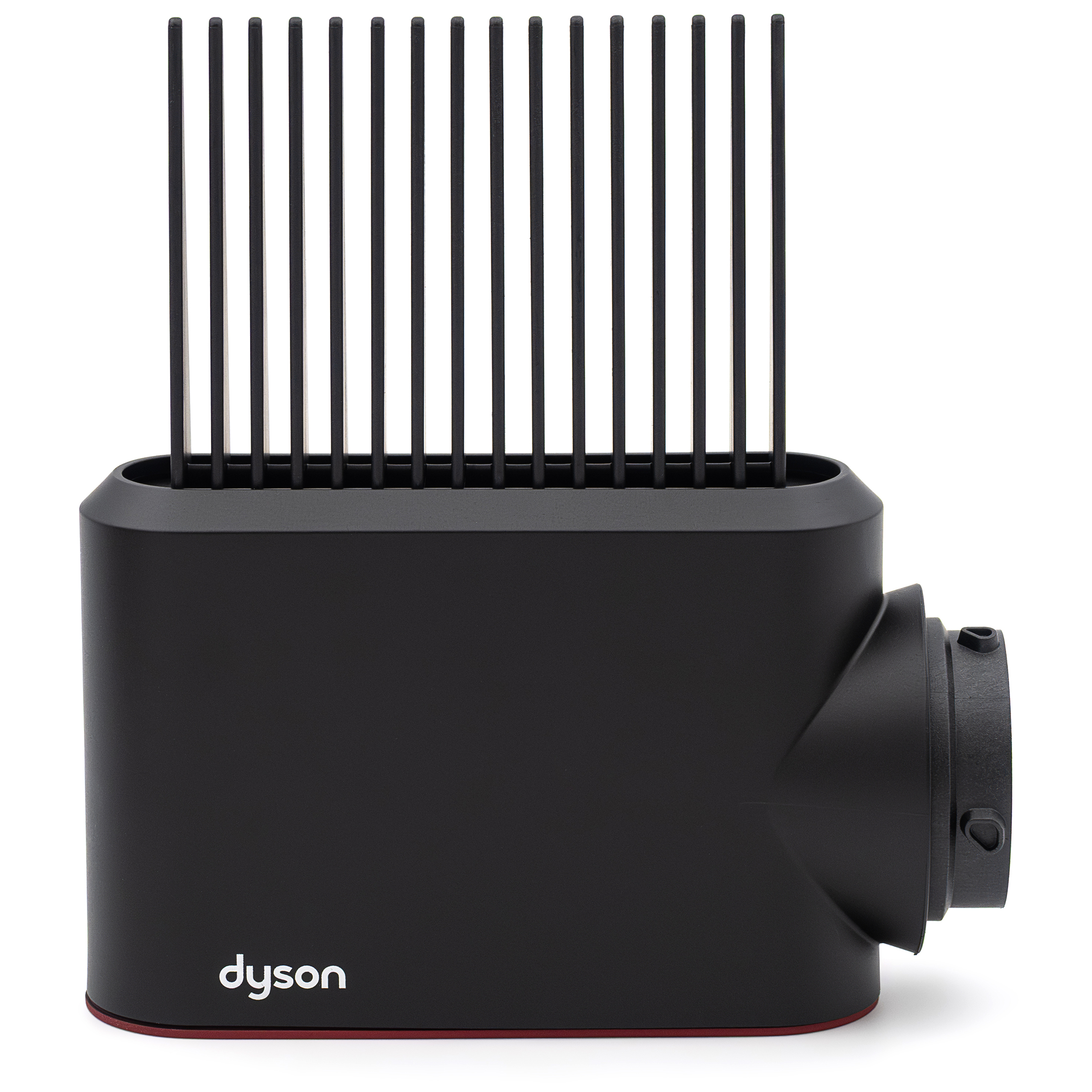 Czarny grzebień z szerokimi zębami do Dyson Airwrap, widok z boku na białym tle. Akcesorium posiada biały napis dyson na podstawie, czerwony akcent u dołu oraz czarny moduł mocujący z boku.