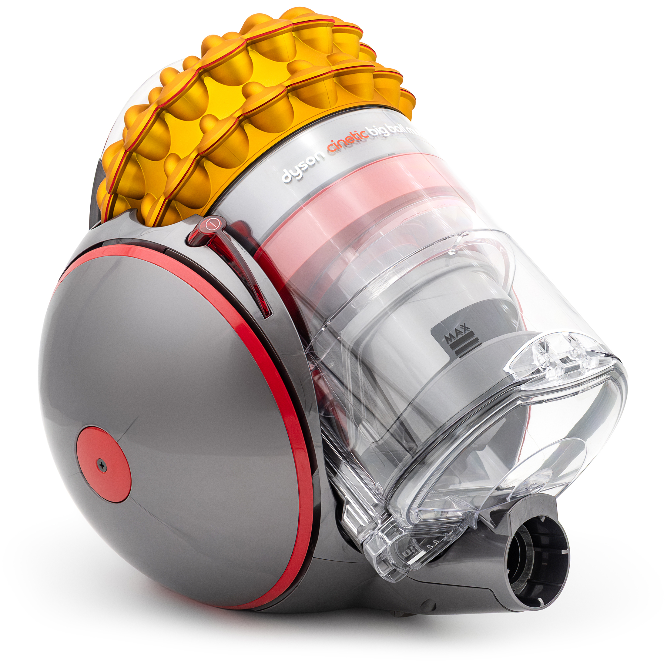 Zbliżenie na korpus odkurzacza Dyson Cinetic Big Ball Multi Floor 2, ukazujące kulistą obudowę w kolorze ciemnoszarym z czerwonym akcentem. Widoczny jest przezroczysty pojemnik na kurz i charakterystyczny, złoty mechanizm cyklonowy, z widocznym napisem dyson cinetic big ball.