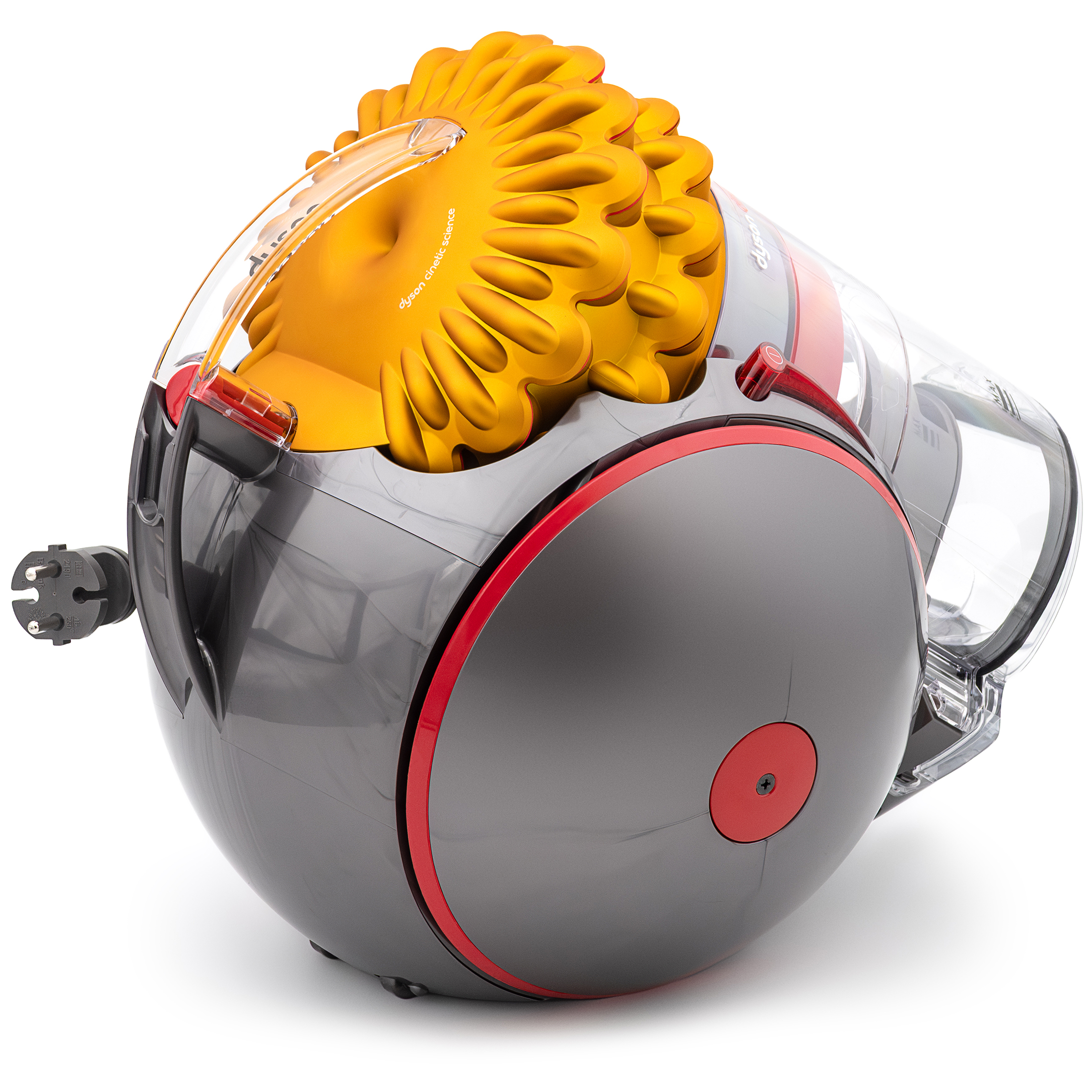 Tylny widok odkurzacza Dyson Cinetic Big Ball Multi Floor 2, ukazujący ciemnoszarą, kulistą obudowę z czerwonymi akcentami i wystającą wtyczką elektryczną. Widoczny jest złoty moduł cyklonowy z napisem dyson cinetic science na szczycie.