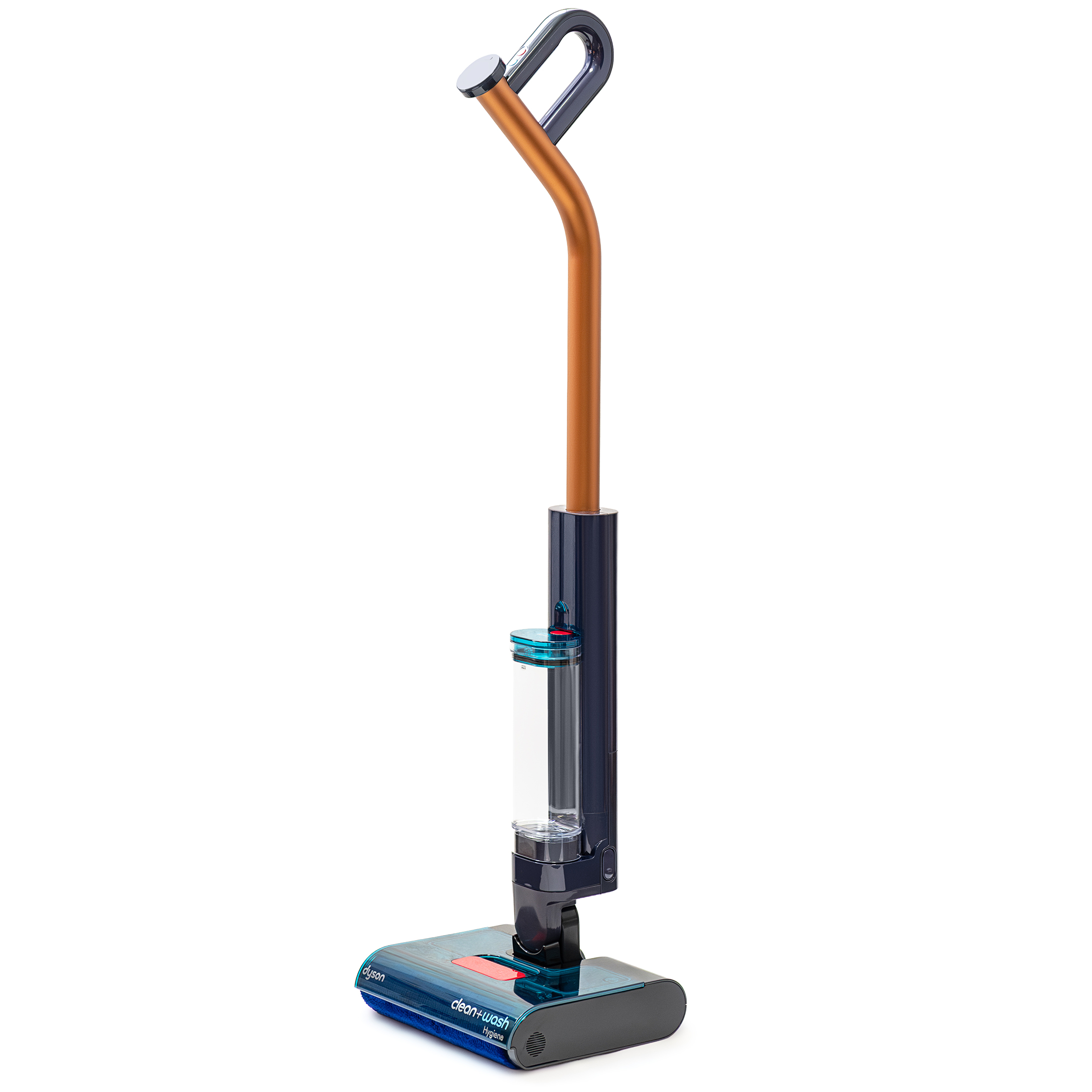 Pionowy mop elektryczny Dyson Clean + Wash Hygiene w kolorze granatowo-miedzianym, widok z boku na białym tle. Urządzenie wyposażone jest w przezroczysty zbiornik na wodę oraz turkusową głowicę z niebieskim wałkiem.