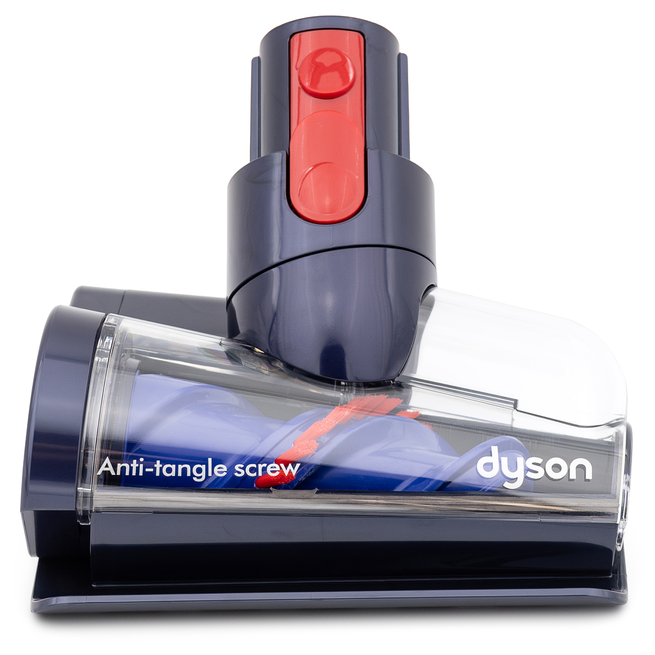 Mini elektroszczotka Anti-tangle screw do odkurzacza Dyson w kolorze błękitu pruskiego. Posiada przezroczystą obudowę eksponującą stożkowy wałek z czerwonym włosiem, zaprojektowany do usuwania sierści i włosów bez ich plątania. Wyposażona w standardowe złącze z czerwonym przyciskiem.