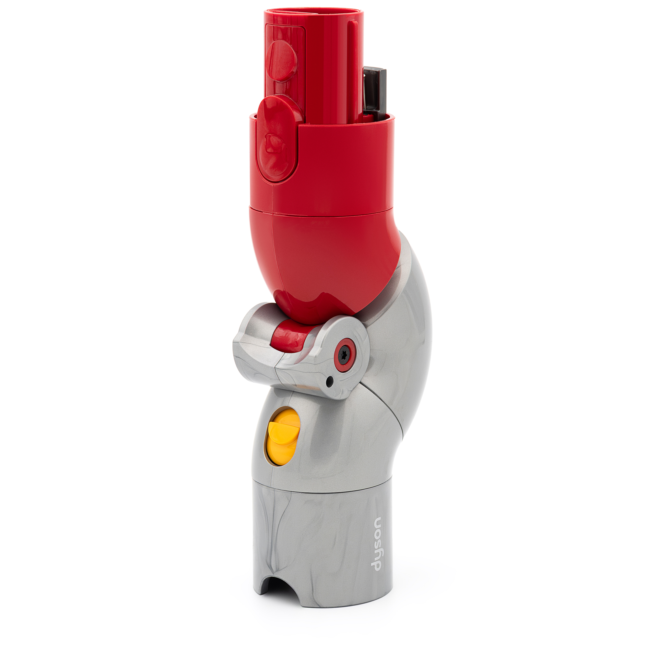 Adapter Low Reach do odkurzacza Dyson w kolorze błękitu pruskiego. To zginane akcesorium z czerwonymi przyciskami funkcyjnymi, zaprojektowane do wygodnego odkurzania trudno dostępnych miejsc pod niskimi meblami. Przegubowa konstrukcja zwiększa zasięg i ergonomię pracy z urządzeniem.