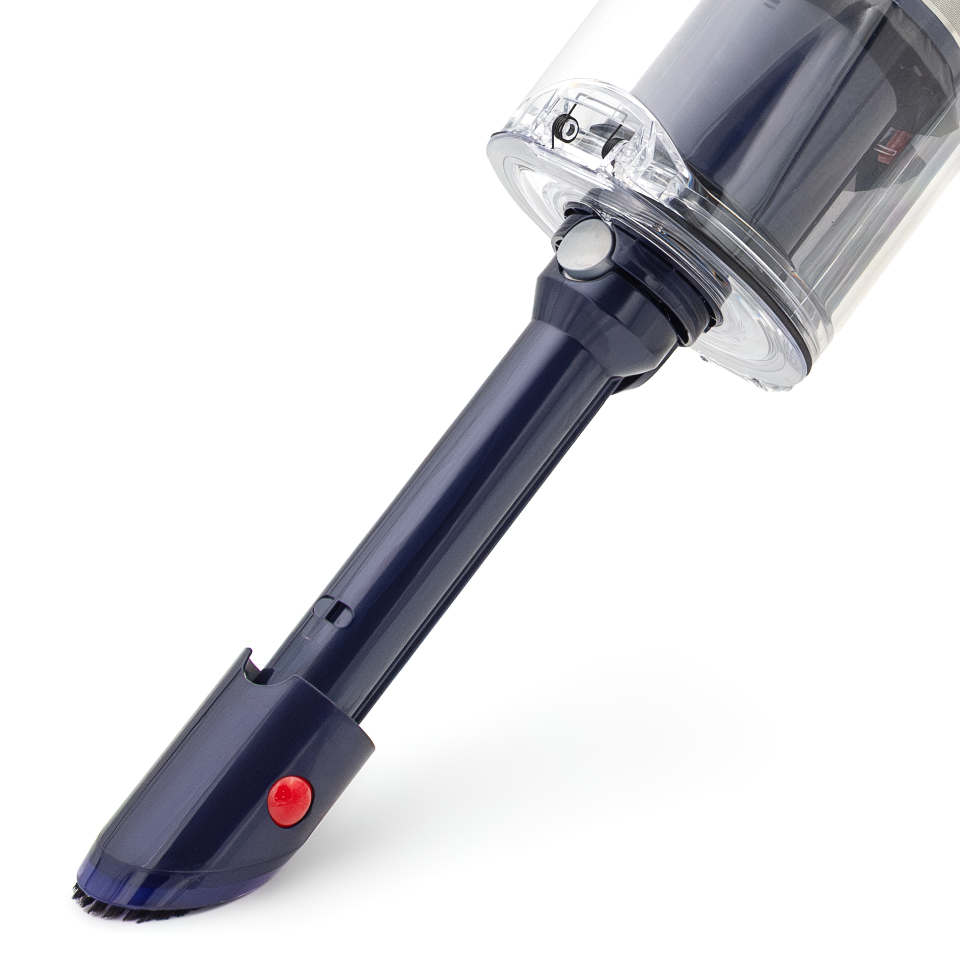 Zbliżenie na wbudowaną ssawkę 2w1 odkurzacza Dyson Gen5detect Absolute. Błękitna końcówka szczelinowa z wysuwaną szczotką do kurzu i czerwonym przyciskiem funkcyjnym jest podłączona bezpośrednio do przezroczystego korpusu urządzenia. Praktyczne rozwiązanie do sprzątania zakamarków i delikatnych powierzchni.