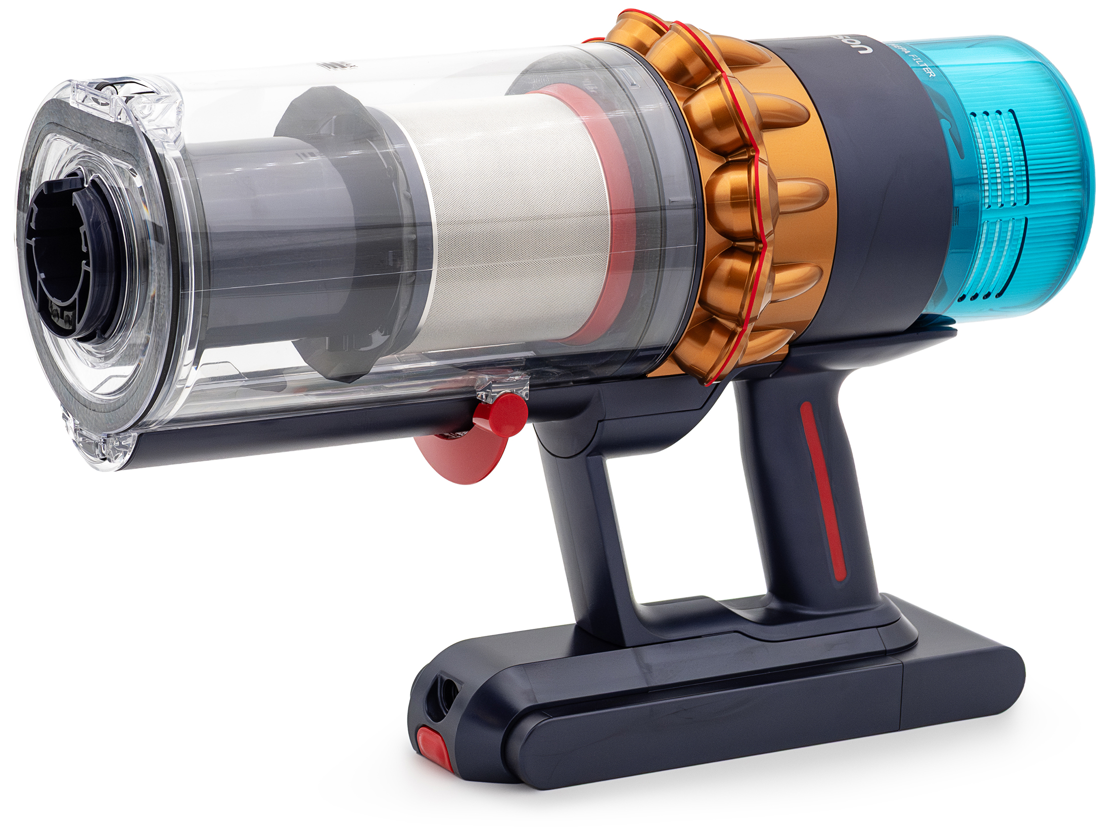 Moduł główny odkurzacza Dyson Gen5detect Absolute w kolorystyce błękitno-miedzianej. Widoczny jest przezroczysty zbiornik na zanieczyszczenia, miedziane cyklony oraz charakterystyczny turkusowy filtr HEPA. Urządzenie przedstawione jest bez rury i ssawek, eksponując serce systemu czyszczącego.
