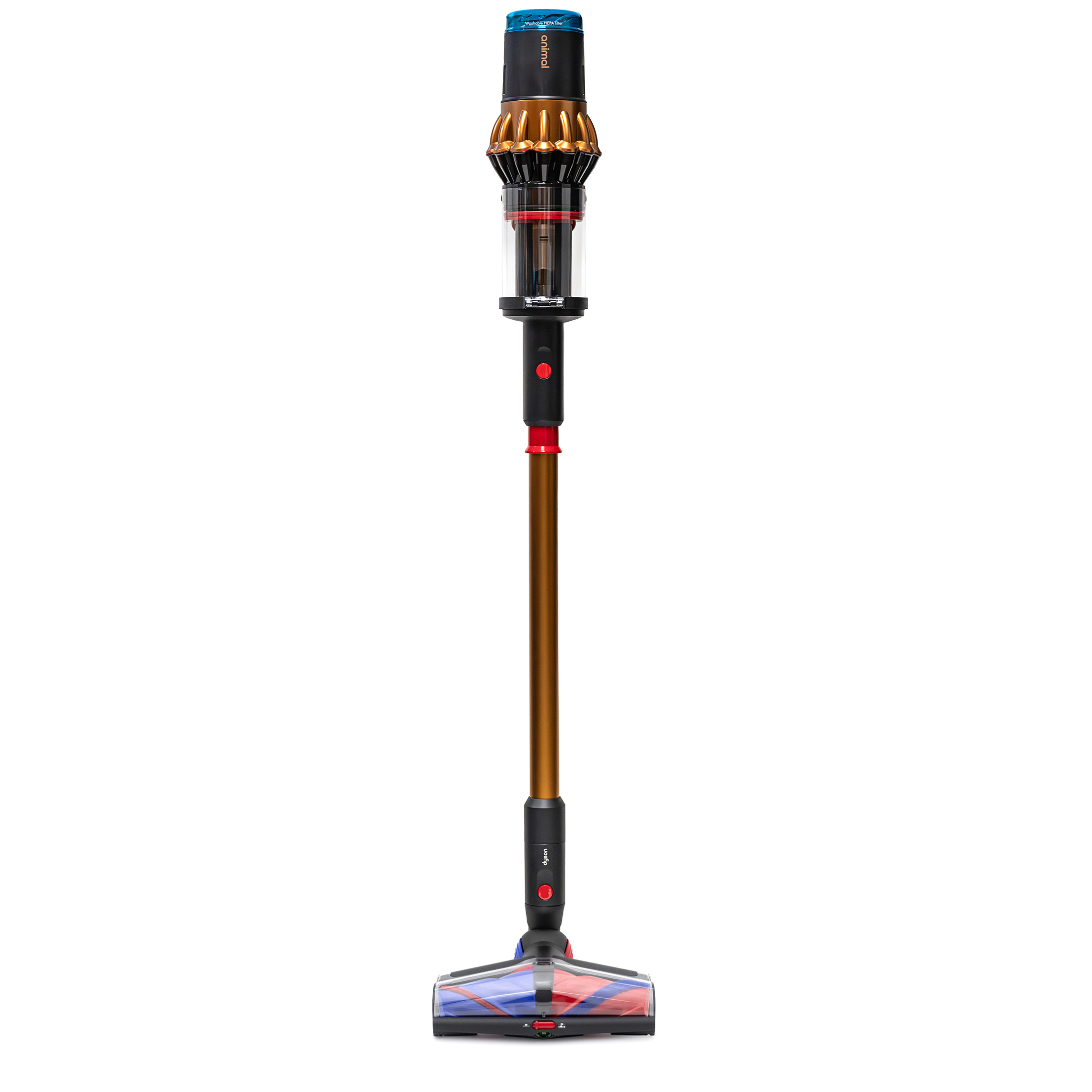 Odkurzacz pionowy Dyson V16 Piston Animal z miedzianą rurą i elektroszczotką, widok z przodu na białym tle. Urządzenie wyróżnia się złoto-brązowym wykończeniem cyklonu oraz kolorowym, pasami zdobionym wałkiem czyszczącym.