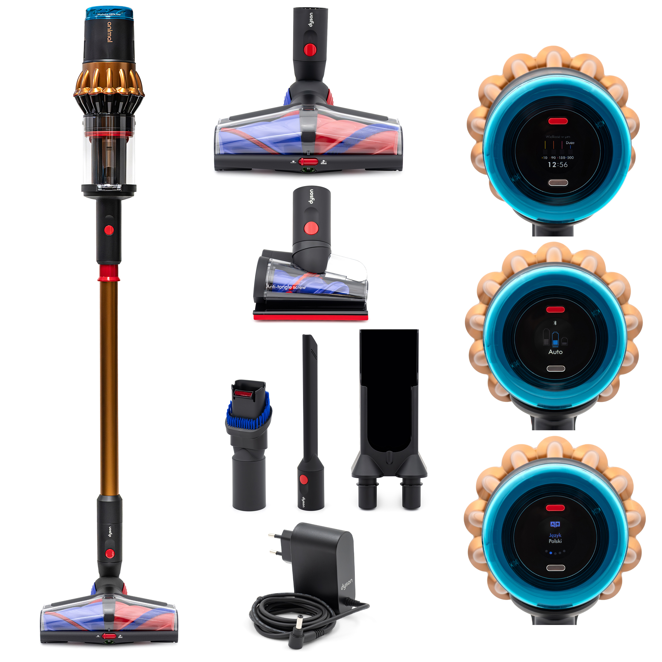 Zestaw produktowy odkurzacza Dyson V16 Piston Animal z licznymi akcesoriami i stacją dokującą na białym tle. Zdjęcie przedstawia zmontowany odkurzacz z miedzianą rurą, wymienne szczotki oraz trzy zbliżenia na kolorowy wyświetlacz LCD informujący o stanie pracy urządzenia.