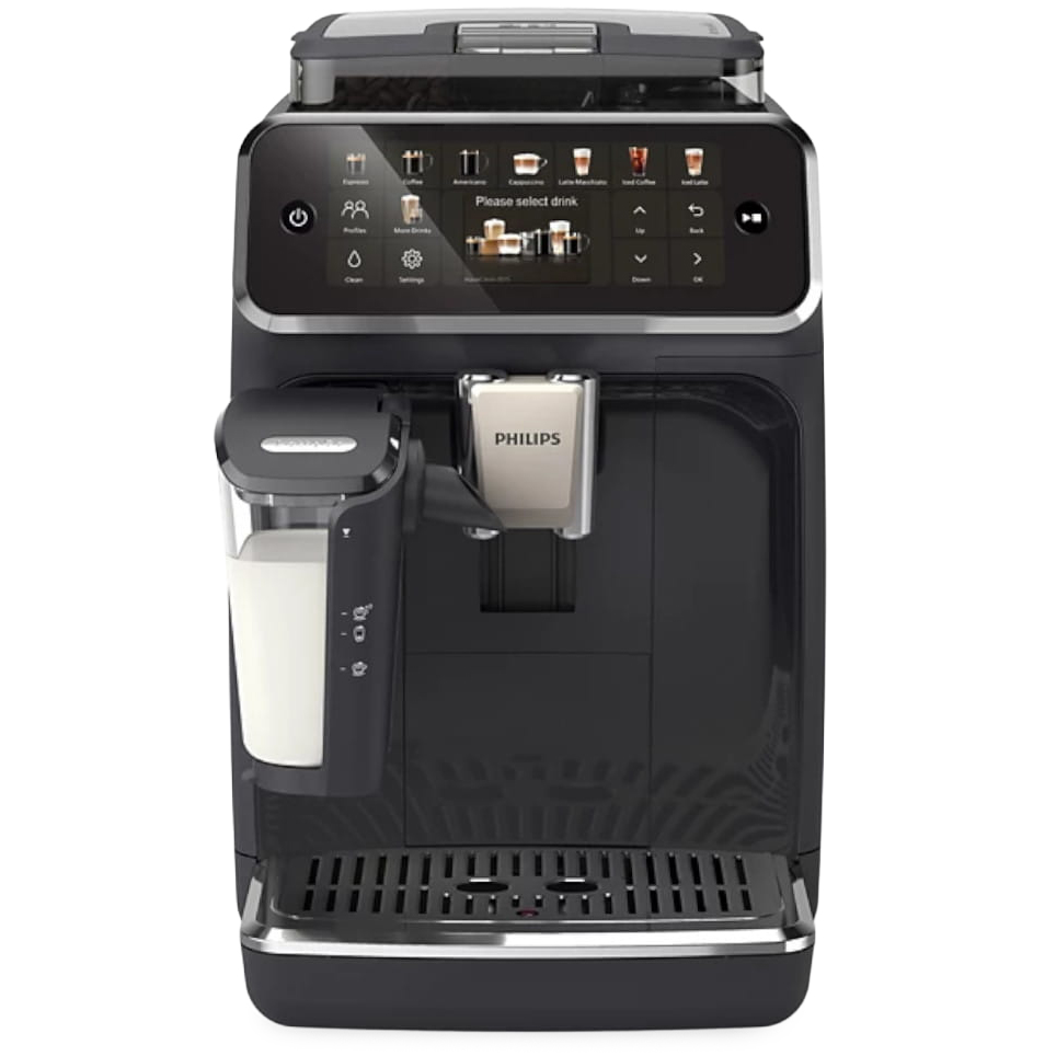 Czarny ekspres automatyczny Philips 5500 LatteGo EP5541/50, widok z przodu. Ekspres ma dotykowy wyświetlacz z menu oraz zamontowany z lewej strony, wypełniony mlekiem pojemnik LatteGo. Taca ociekowa jest pusta.