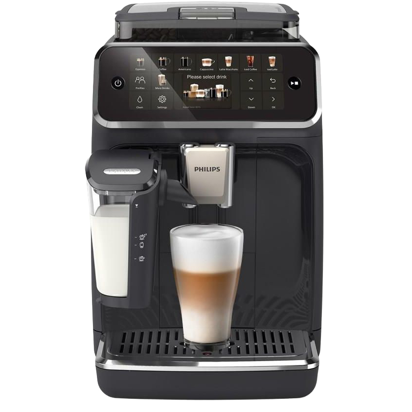 Czarny ekspres automatyczny Philips 5500 LatteGo EP5541/50 z zamontowanym z lewej strony pojemnikiem na mleko. Na dużym wyświetlaczu widoczne jest menu napojów. Pod wylewką stoi szklanka z kawą latte macchiato.