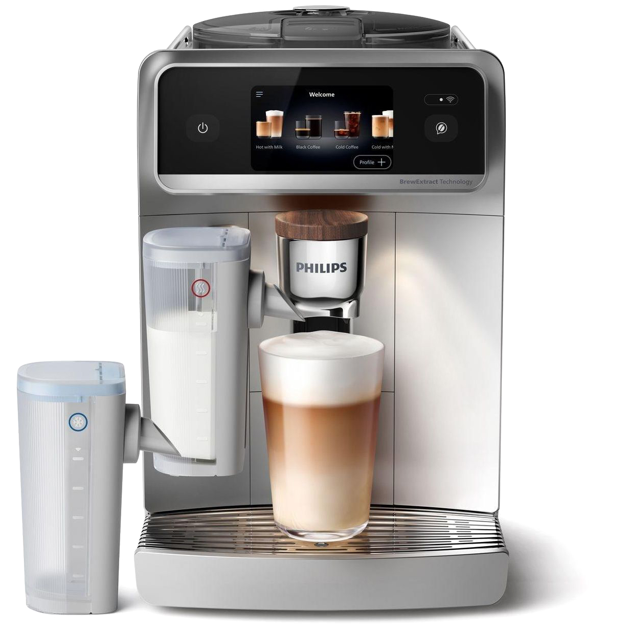 Srebrny ekspres Philips LatteGo Pro EP8757/20 z kolorowym wyświetlaczem dotykowym i szklanką kawy latte. Widok z przodu ukazuje dwa wymienne systemy mleczne LatteGo oraz eleganckie wykończenie ze stali szczotkowanej. Na ekranie widoczne są ikony różnych rodzajów kaw.