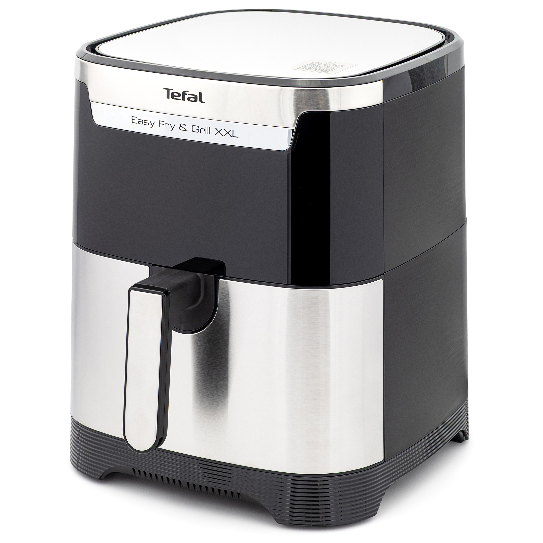 Frytownica Tefal Easy Fry & Grill XXL widoczna pod kątem, co eksponuje srebrny front ze stali nierdzewnej oraz czarny, szczotkowany bok. Urządzenie posiada duży, stalowy uchwyt szuflady i eleganckie logo na górnej listwie. Zdjęcie na białym tle.