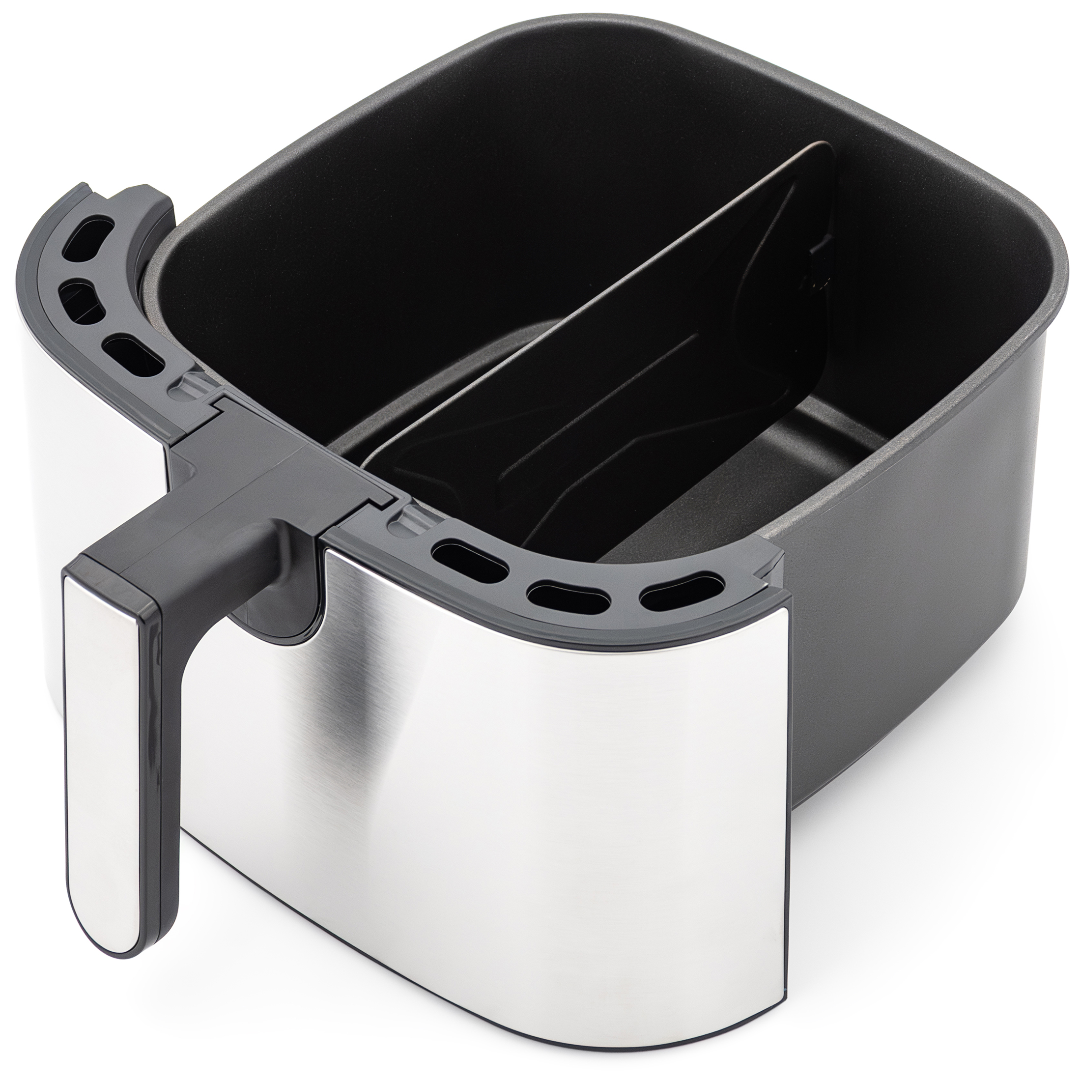 Wyjęta szuflada frytownicy Tefal Easy Fry & Grill XXL ze srebrnym frontem, widok z góry. Wewnątrz czarnej komory znajduje się pionowy separator dzielący przestrzeń na pół. Zdjęcie na białym tle prezentuje funkcję dzielenia misy.