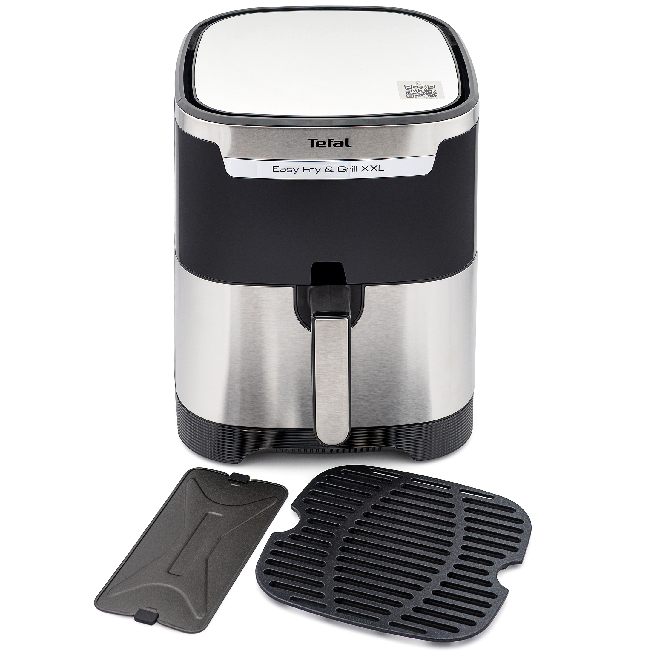 Frytownica Tefal Easy Fry & Grill XXL wykonana ze szczotkowanej stali i czarnego tworzywa, pokazana na białym tle. Przed urządzeniem leżą dwa dedykowane akcesoria: kratka do grillowania oraz separator do komory. Widok z przodu.