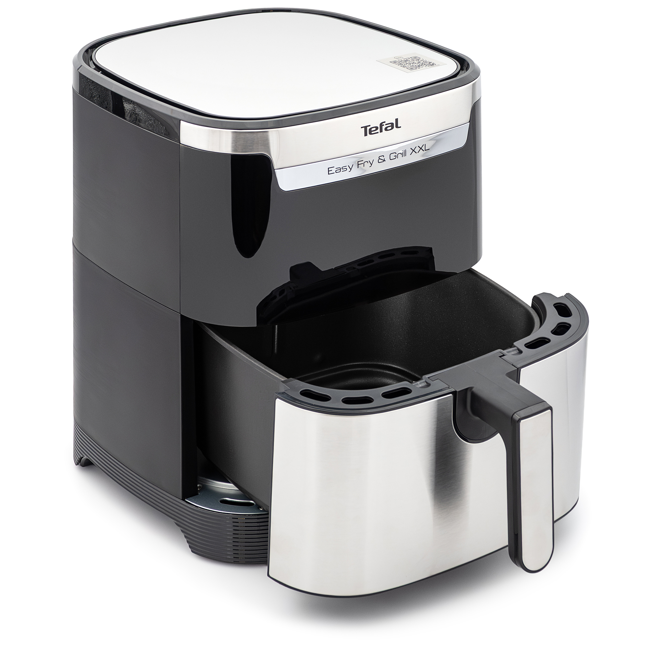Frytownica Tefal Easy Fry & Grill XXL z wysuniętą szufladą, widok pod kątem na białym tle. Zdjęcie prezentuje pojemne wnętrze urządzenia oraz stalowe wykończenie frontu. Na górze widoczna srebrna listwa z logotypem marki i nazwą modelu.