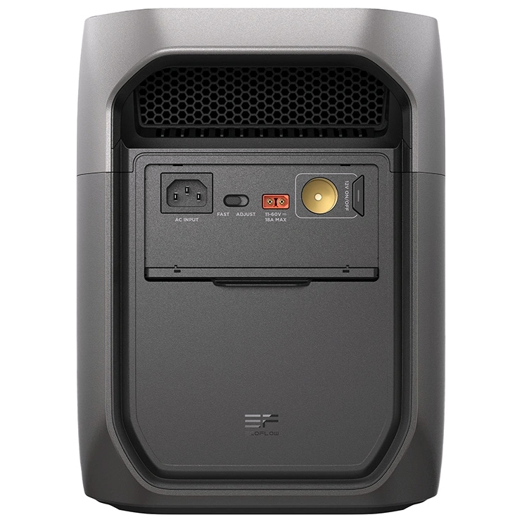 Widok na tył stacji EcoFlow Delta 3 Max, prezentujący gniazda ładowania i złącza wejściowe. Na panelu znajdują się między innymi wejście AC, pomarańczowe gniazdo solarne oraz wyjście samochodowe 12V. Całość zamknięta w ciemnoszarej, nowoczesnej obudowie.