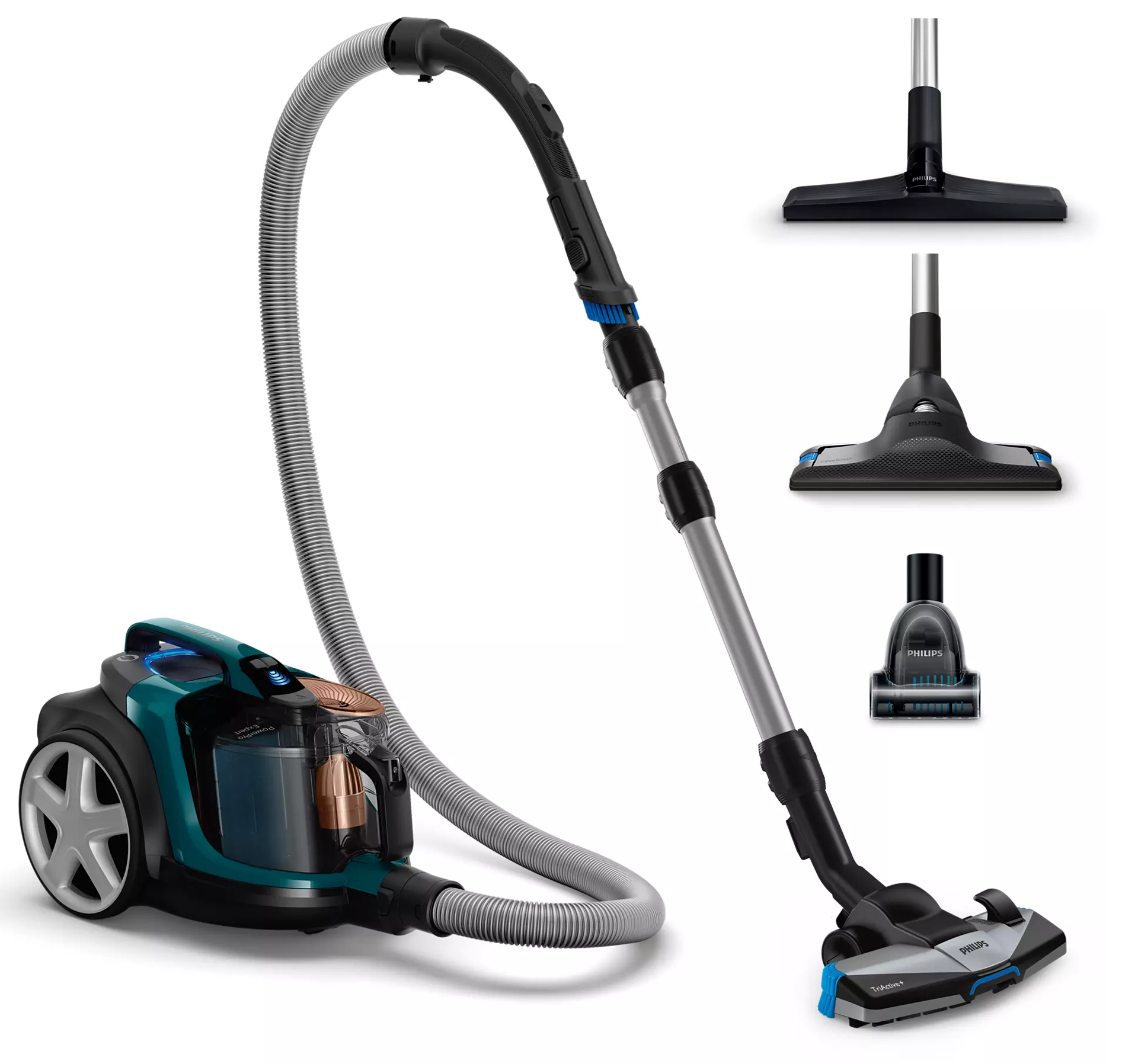 Odkurzacz bezworkowy Philips PowerPro Max FC9744/09 w kolorze turkusowym z szarą rurą i ssawką TriActive+. Z prawej strony widoczne są trzy dodatkowe akcesoria: ssawka do parkietu, mała turboszczotka i końcówka szczelinowa.