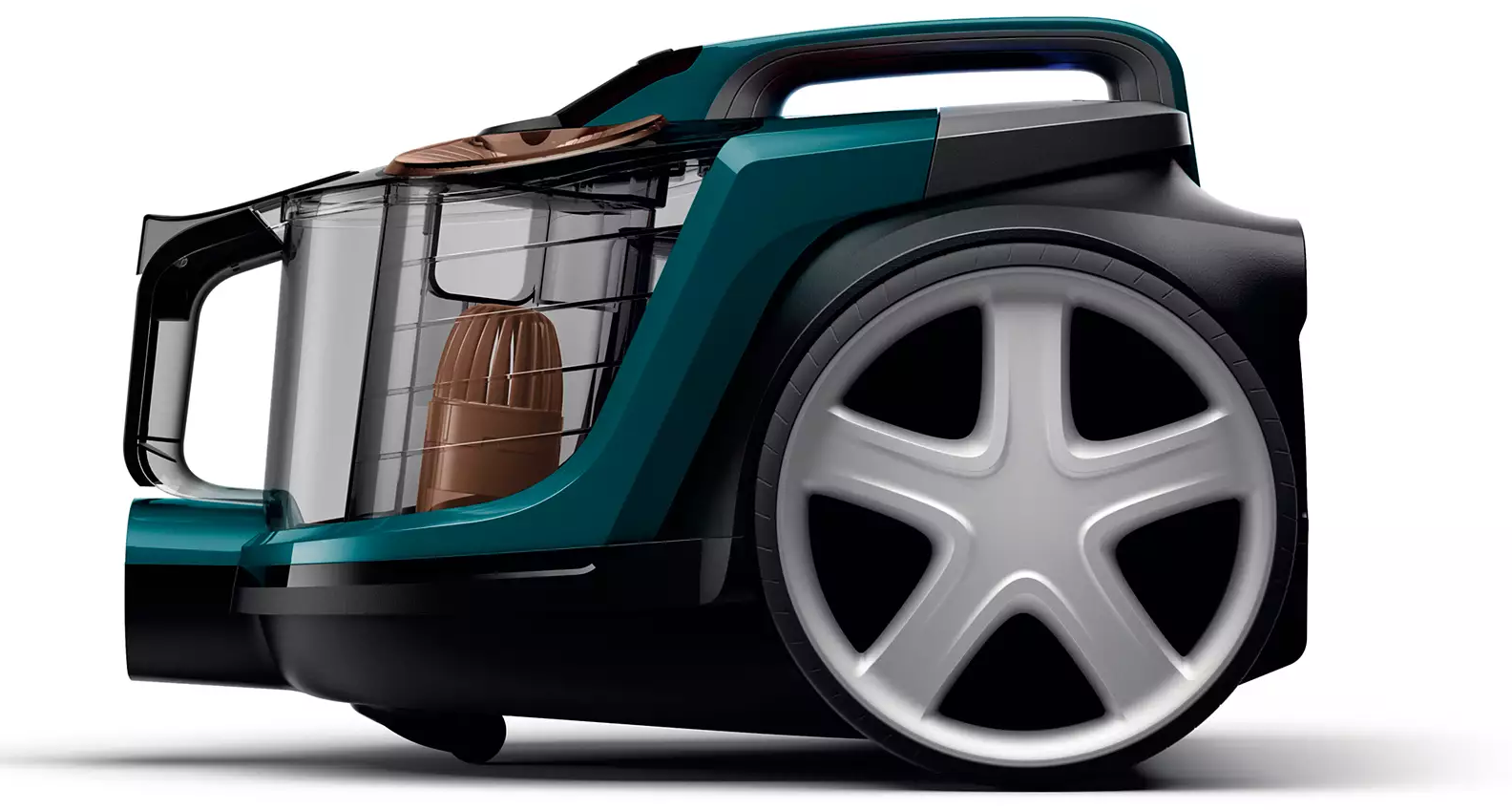 Zbliżenie na turkusowo-czarny korpus odkurzacza Philips PowerPro Max FC9744/09, widok z boku. Na pierwszym planie duże, szare koło, a w środku przezroczysty pojemnik na kurz z miedzianym elementem filtrującym.