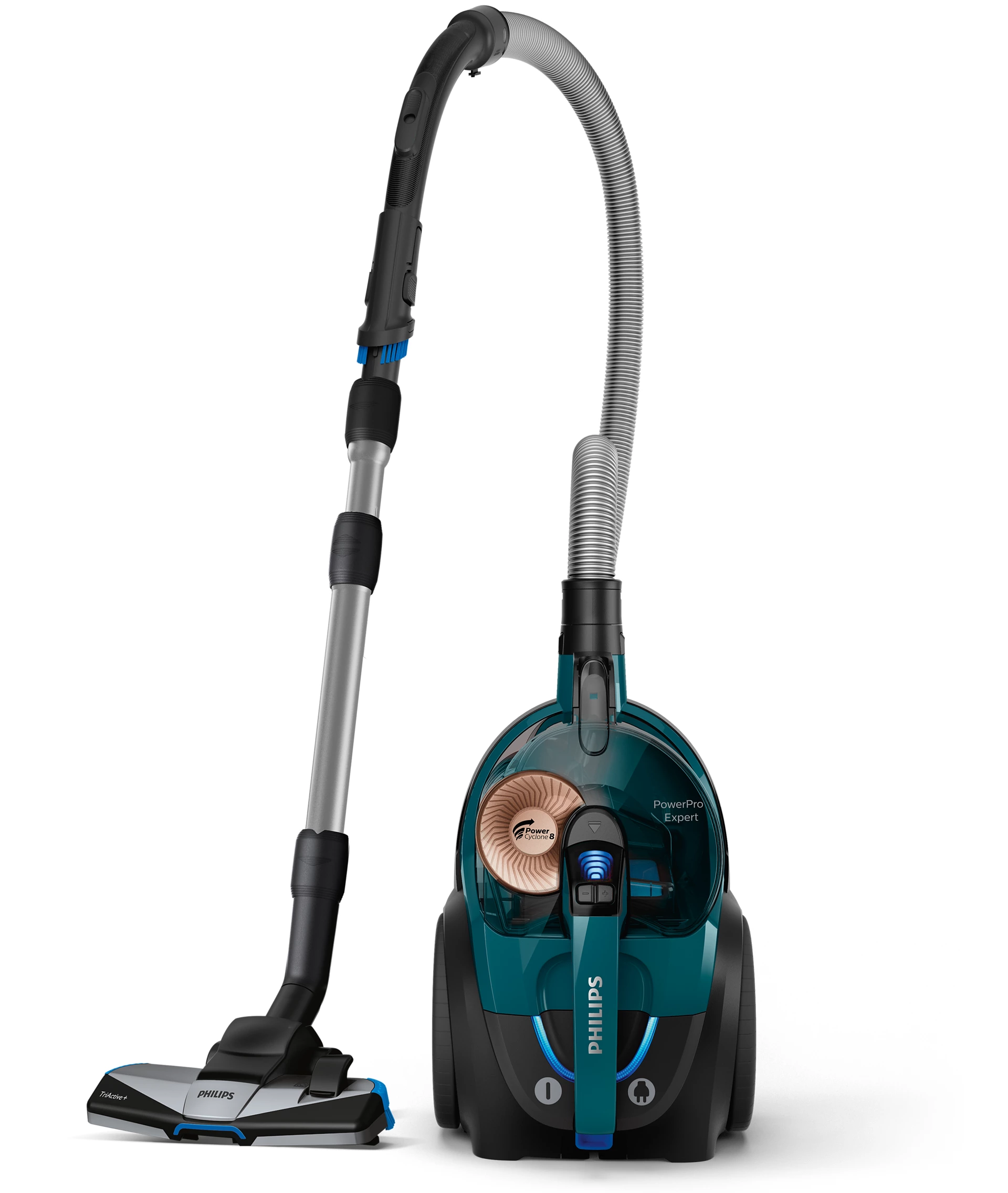 Turkusowo-czarny odkurzacz bezworkowy Philips PowerPro Expert FC9744/09 ustawiony w pionie, gotowy do przechowywania, na białym tle. Widoczny jest korpus z pojemnikiem PowerCyclone 8 oraz pionowo oparta rura z nasadką TriActive+.