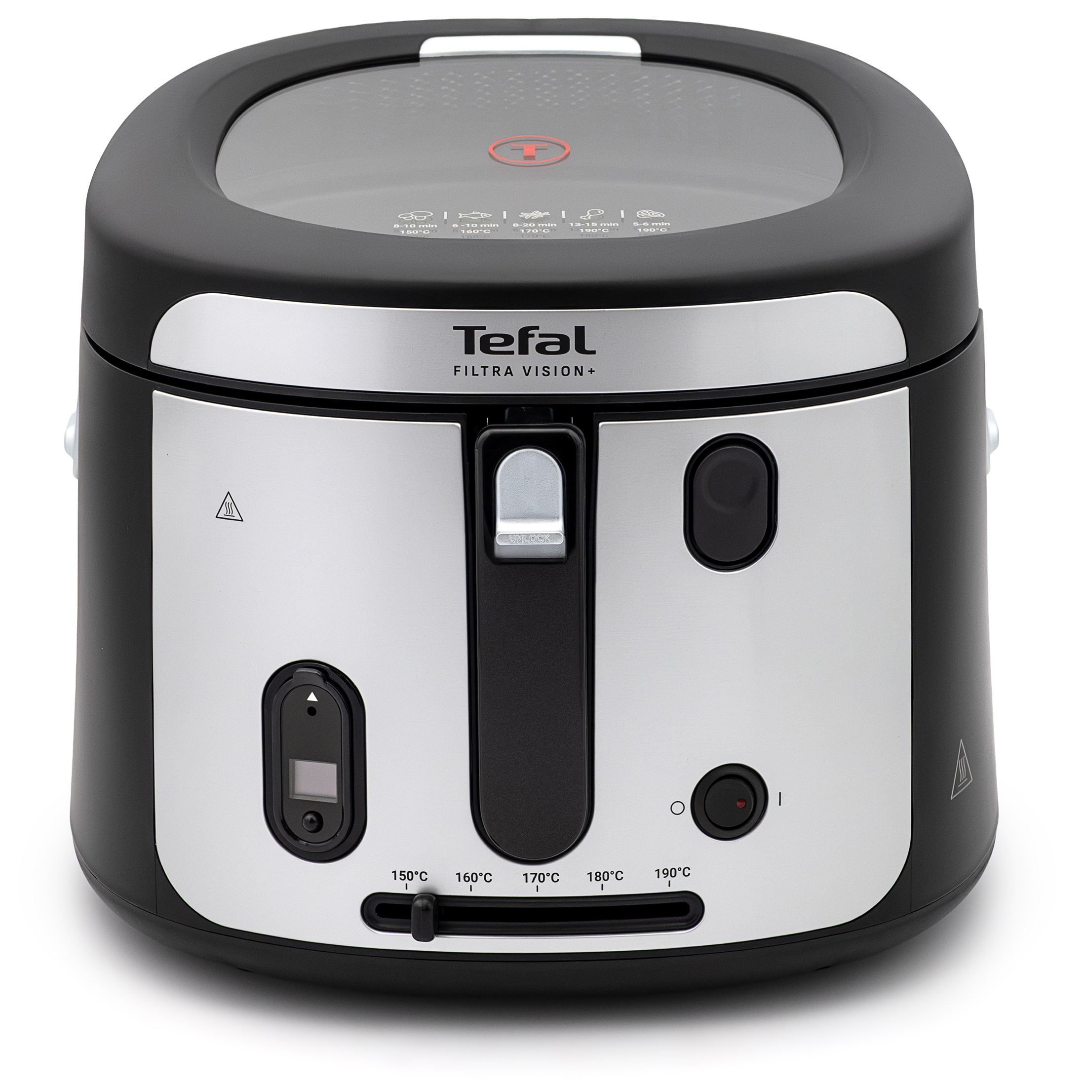Srebrno-czarna frytkownica Tefal Filtra Vision+ FF2588E0 pokazana na białym tle w ujęciu od przodu. Urządzenie posiada zamkniętą czarną pokrywę z dużym szklanym okienkiem podglądowym. Na przednim panelu ze stali wyraźnie wyeksponowano centralny pionowy uchwyt rączki, wbudowany ekranik cyfrowego minutnika po lewej stronie oraz dolny suwak termostatu.