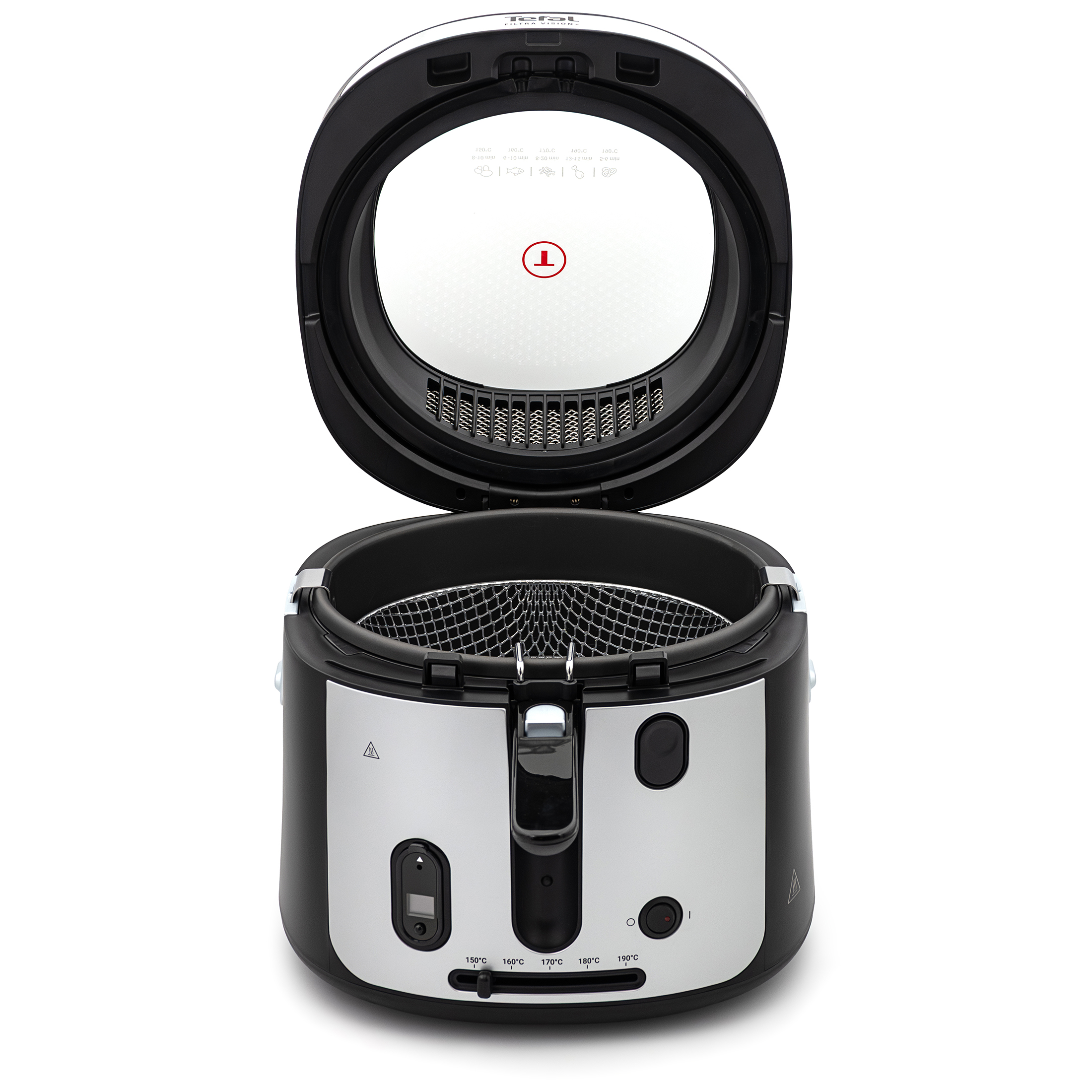 Srebrno-czarna frytkownica Tefal Filtra Vision+ FF2588E0 w ujęciu od przodu na białym tle, przedstawiona z całkowicie otwartą pokrywą. Wewnątrz urządzenia wyeksponowano okrągły, metalowy koszyk siatkowy do smażenia. Na uniesionej klapie widoczne jest duże przezroczyste okienko oraz kratka filtra, a przedni panel zawiera elementy sterujące z cyfrowym minutnikiem i suwakiem temperatury.