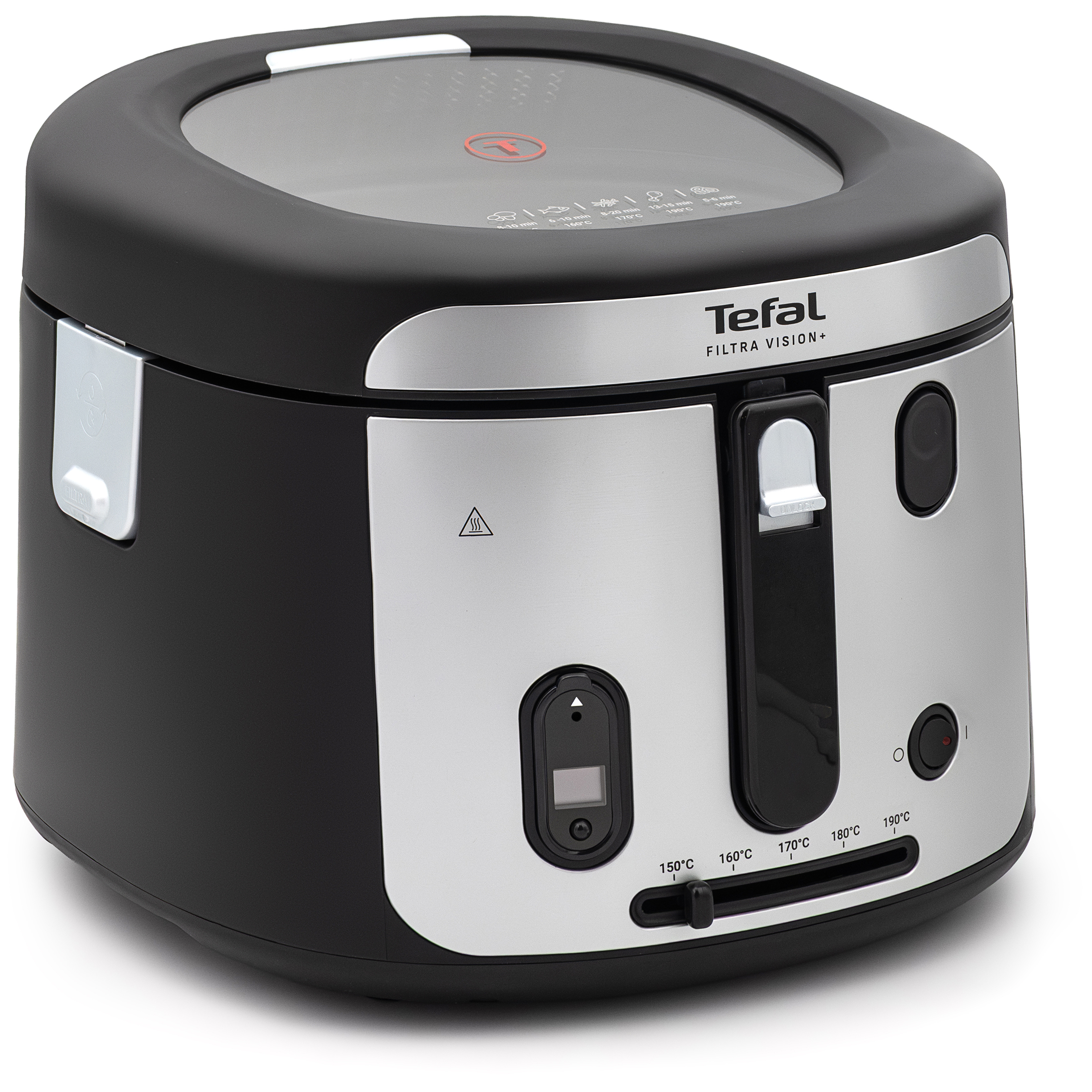 Srebrno-czarna frytkownica Tefal Filtra Vision+ FF2588E0 ukazana pod kątem na białym tle. Zamknięta konstrukcja z obudową ze stali posiada duże okienko podglądowe w czarnej pokrywie. Z tej perspektywy wyeksponowano boczny srebrny uchwyt do przenoszenia, frontową czarną rączkę koszyka, pionowy ekranik cyfrowego minutnika oraz dolny suwak regulacji temperatury.