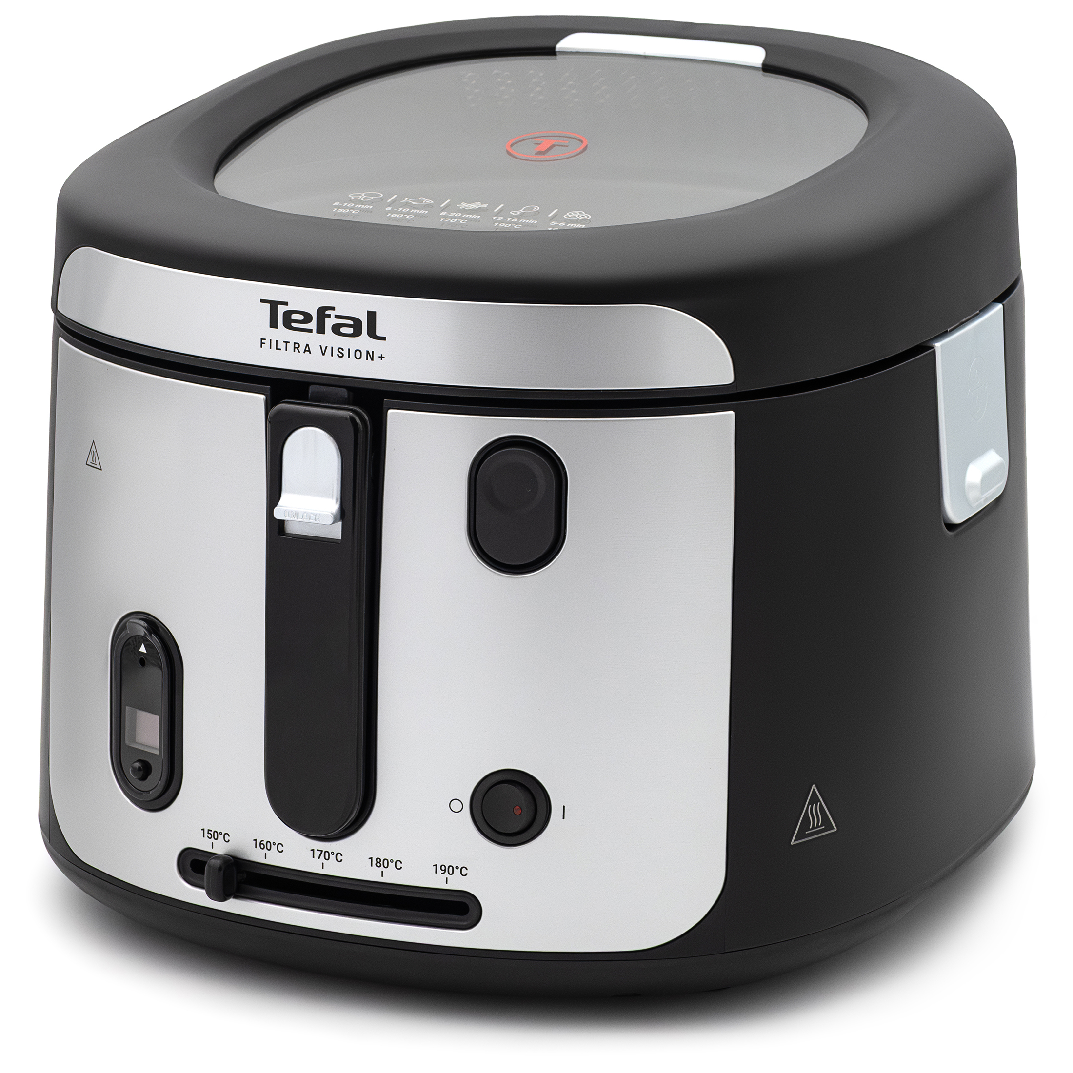 Srebrno-czarna frytkownica Tefal Filtra Vision+ FF2588E0 ukazana pod kątem na białym tle. Zamknięta konstrukcja z obudową ze stali posiada duże okienko podglądowe w czarnej pokrywie. Z tej perspektywy wyeksponowano prawy boczny srebrny uchwyt do przenoszenia, frontową czarną rączkę koszyka, pionowy ekranik cyfrowego minutnika oraz dolny suwak regulacji temperatury.