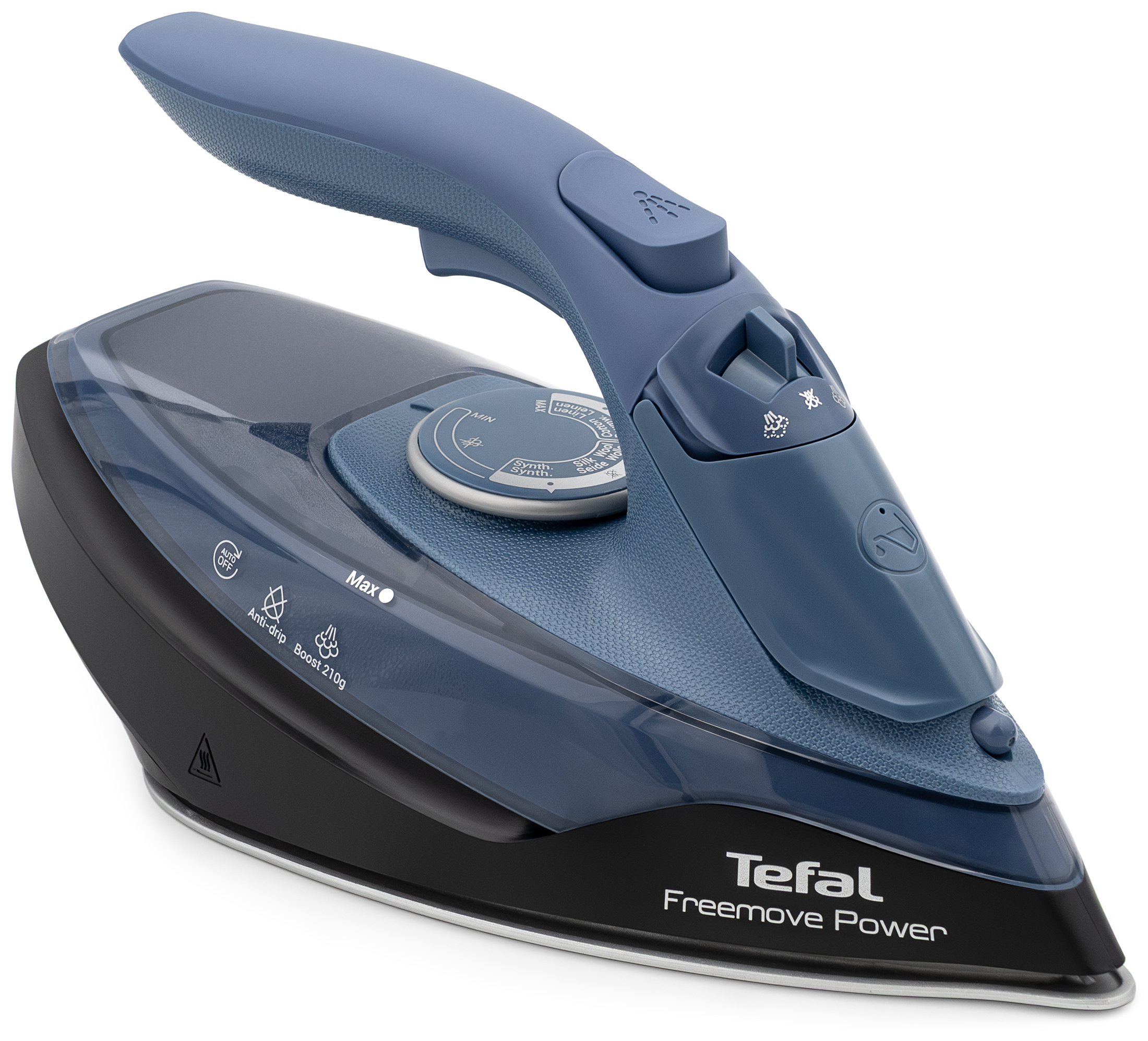 Żelazko bezprzewodowe Tefal Freemove Power FV6675E0 bez bazy, widok z boku i od góry. Ciemnoniebieska obudowa z widocznym pokrętłem ustawień, przyciskiem pary oraz logotypem marki na czarnym tle. Produkt stoi na płaskiej, metalowej stopie na białym tle.