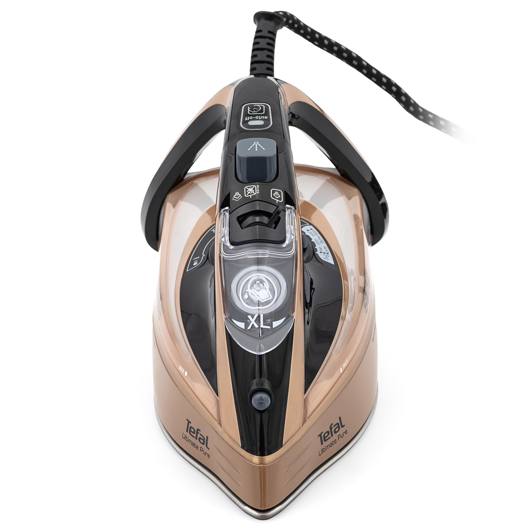 Żelazko Tefal Ultimate Pure FV9852E0 w miedziano-czarnej obudowie, widok od przodu i z góry na białym tle. Widoczny jest centralny panel sterowania z przezroczystą klapką wlotu wody XL, przyciski spryskiwacza i regulacji pary oraz symetryczne boki z logo Tefal.